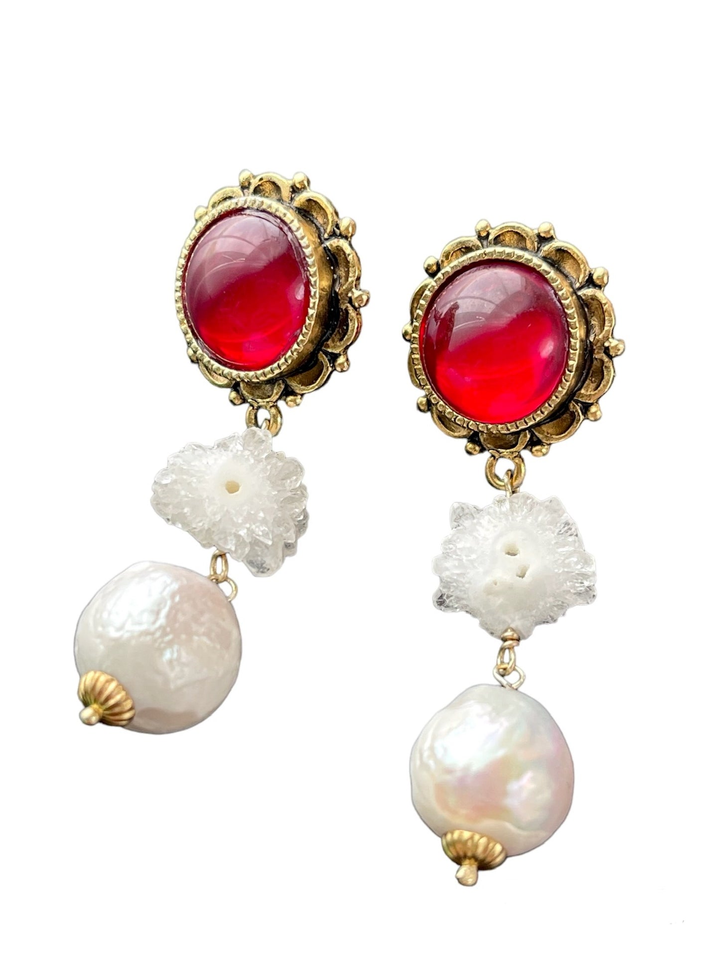 Snow Queen Red Glass & Baroque Pearl Drop Earrings with Stalactite; Historical Themed Jewelry Accessories