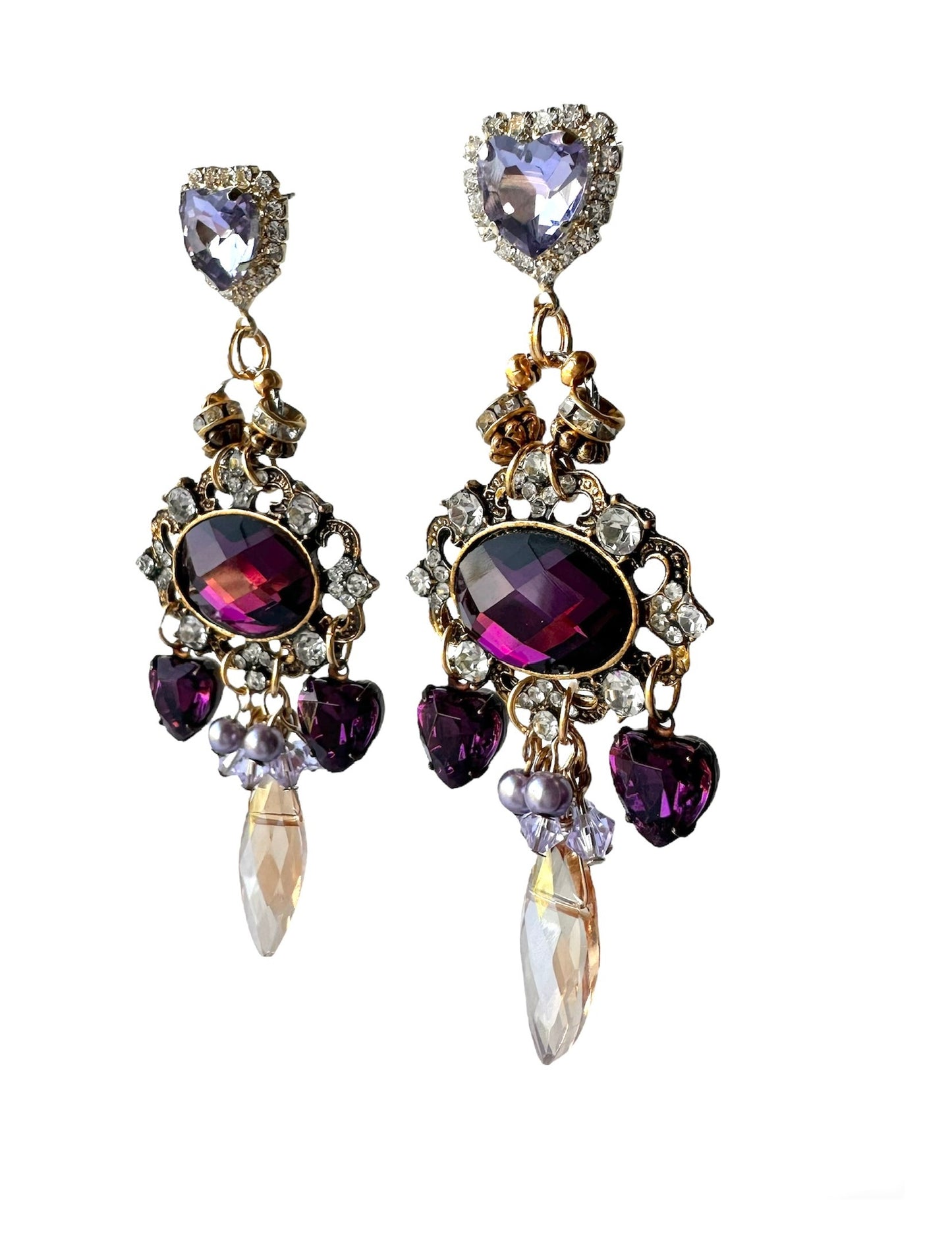 Victoria Earrings - Romantic Victorian Style Dangle Earrings Featuring Luxurious Purple and Lavender Rhinestones with Gold Accents