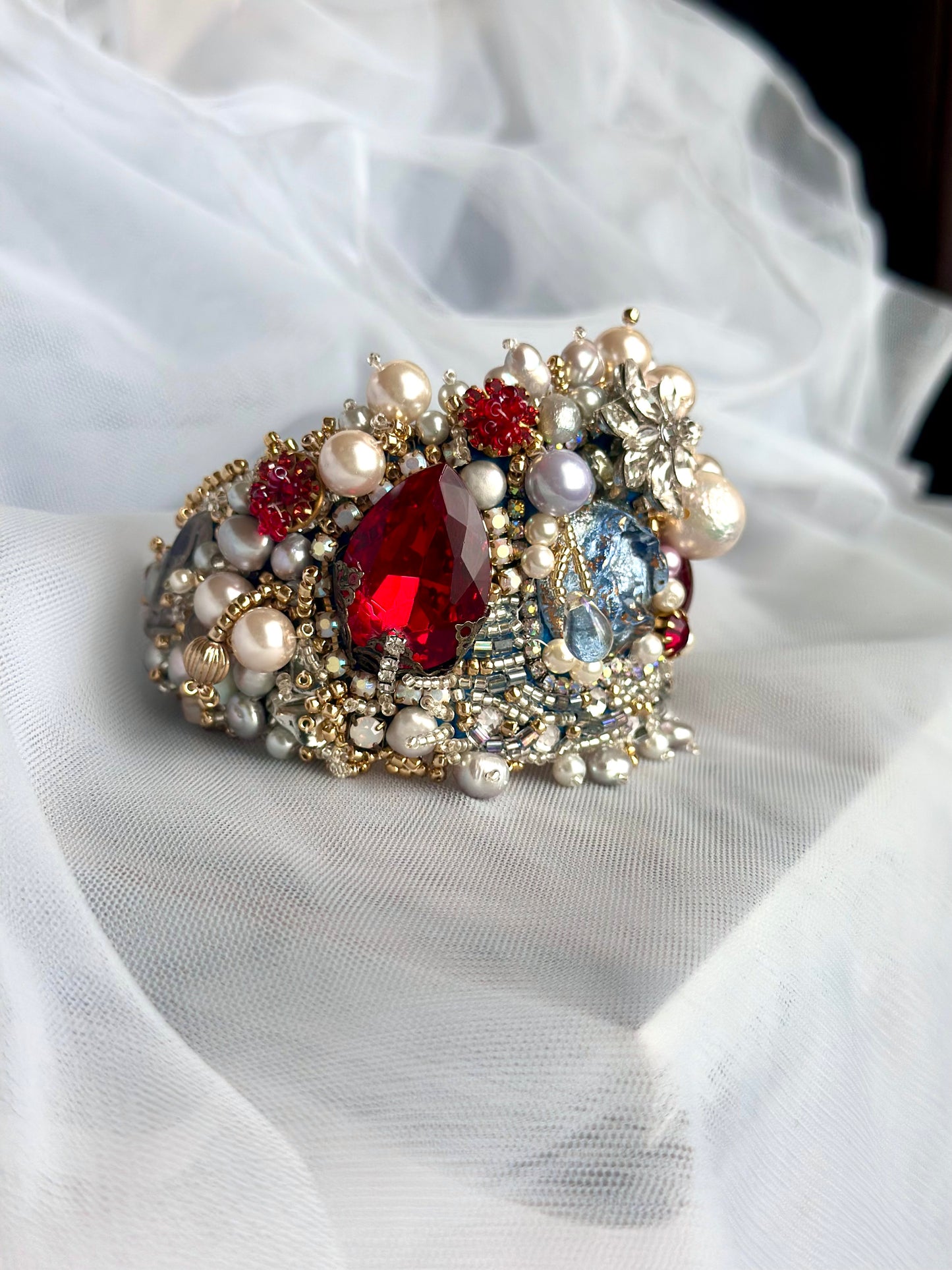 Baroque Chic Pearl & Red Rhinestone Embroidered Adjustable Bangle; Bohemian Vamp Opulent Beaded Bracelet in Gold, Silver and Ruby Colors