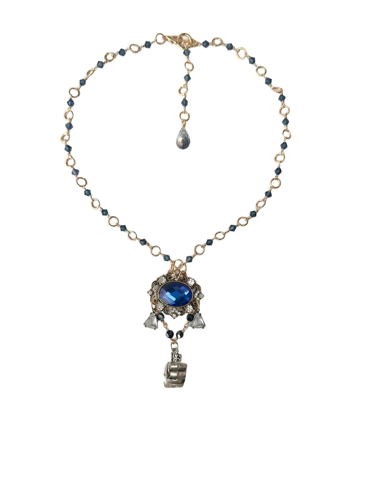 Georgiana Necklace - Rococo Flair Blue Rhinestone and Ship Pendant Necklace with Austrian Crystal Beads and Plated Chain