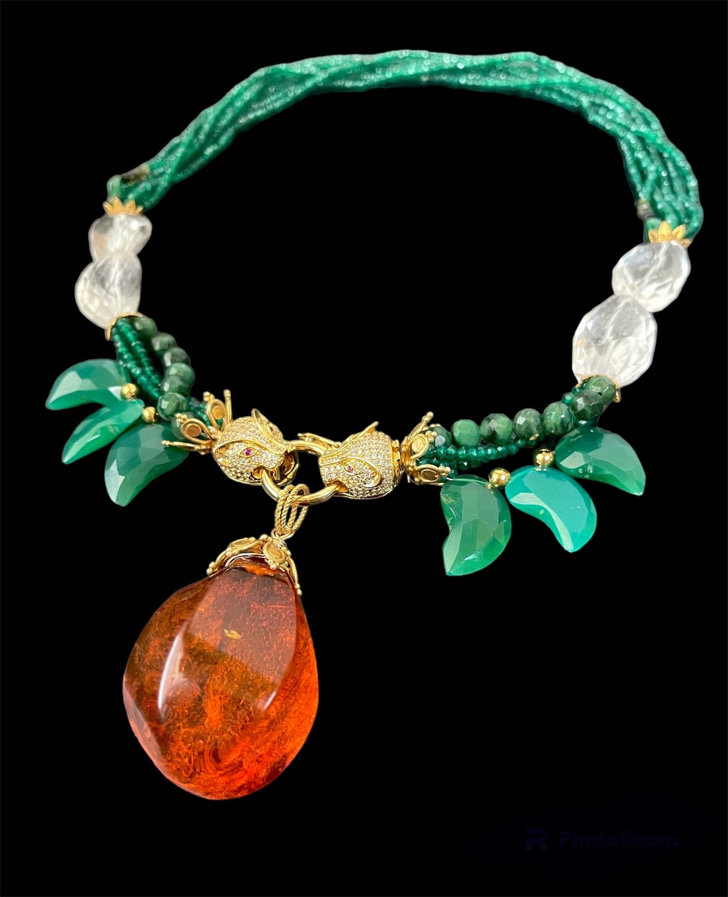 Luxury Necklace with Baltic Amber and Carved Green Onyx