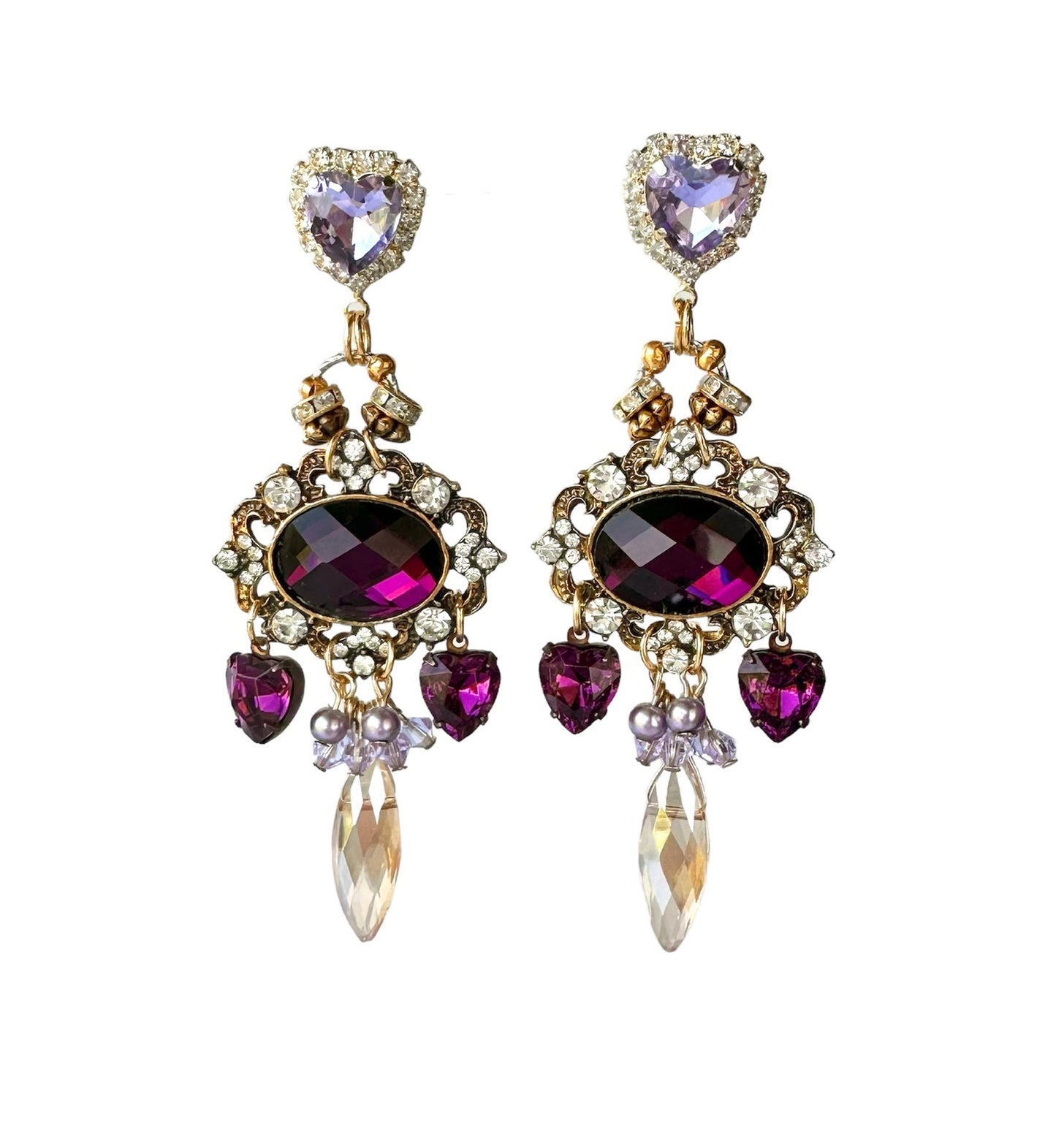 Victoria Earrings - Romantic Victorian Style Dangle Earrings Featuring Luxurious Purple and Lavender Rhinestones with Gold Accents