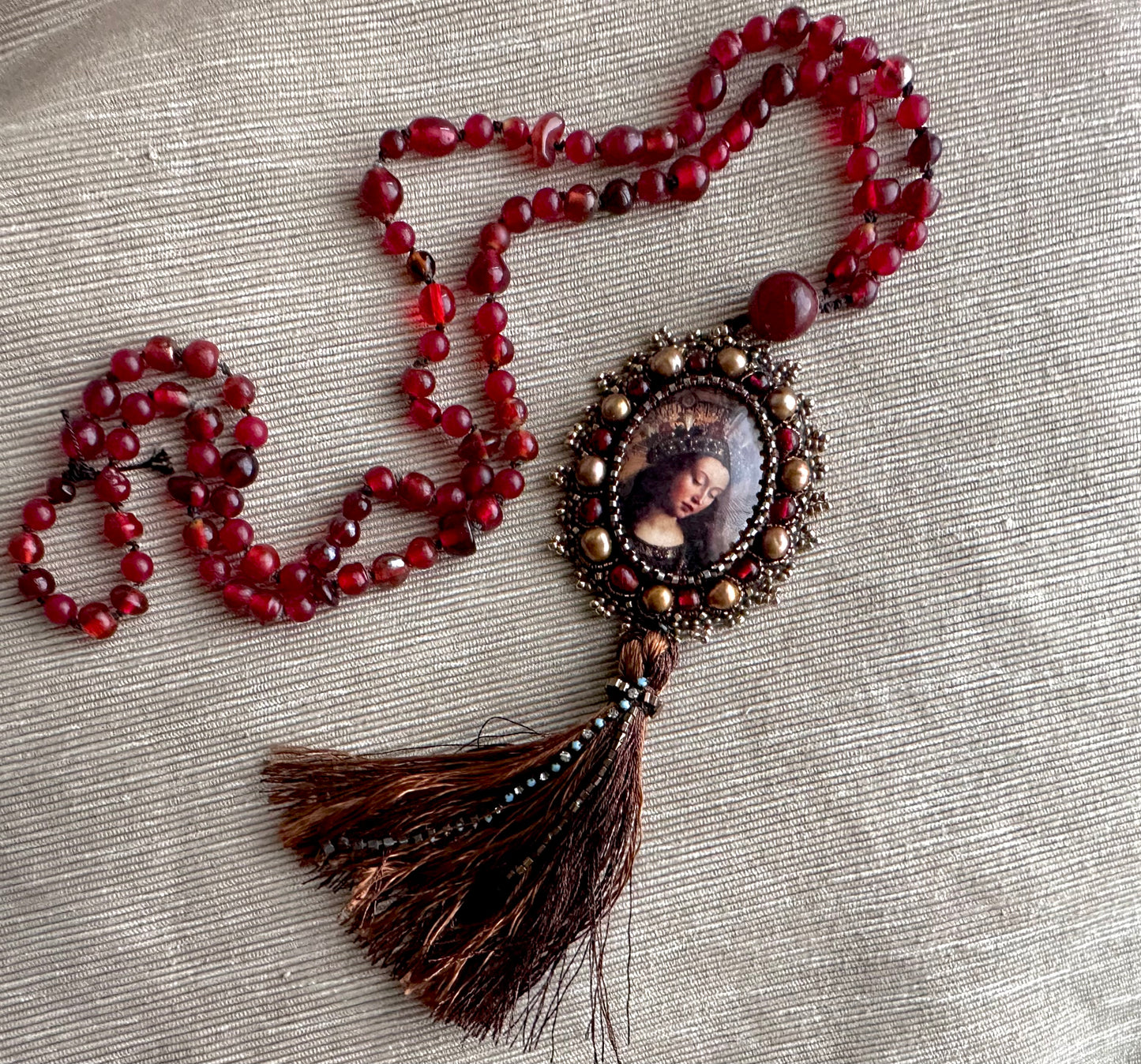 Virgin Mary Catholic Sacred Jewelry; Extra Long Silk Knotted Necklace with Pomegranate Red Glass Beads and Embroidered Medallion