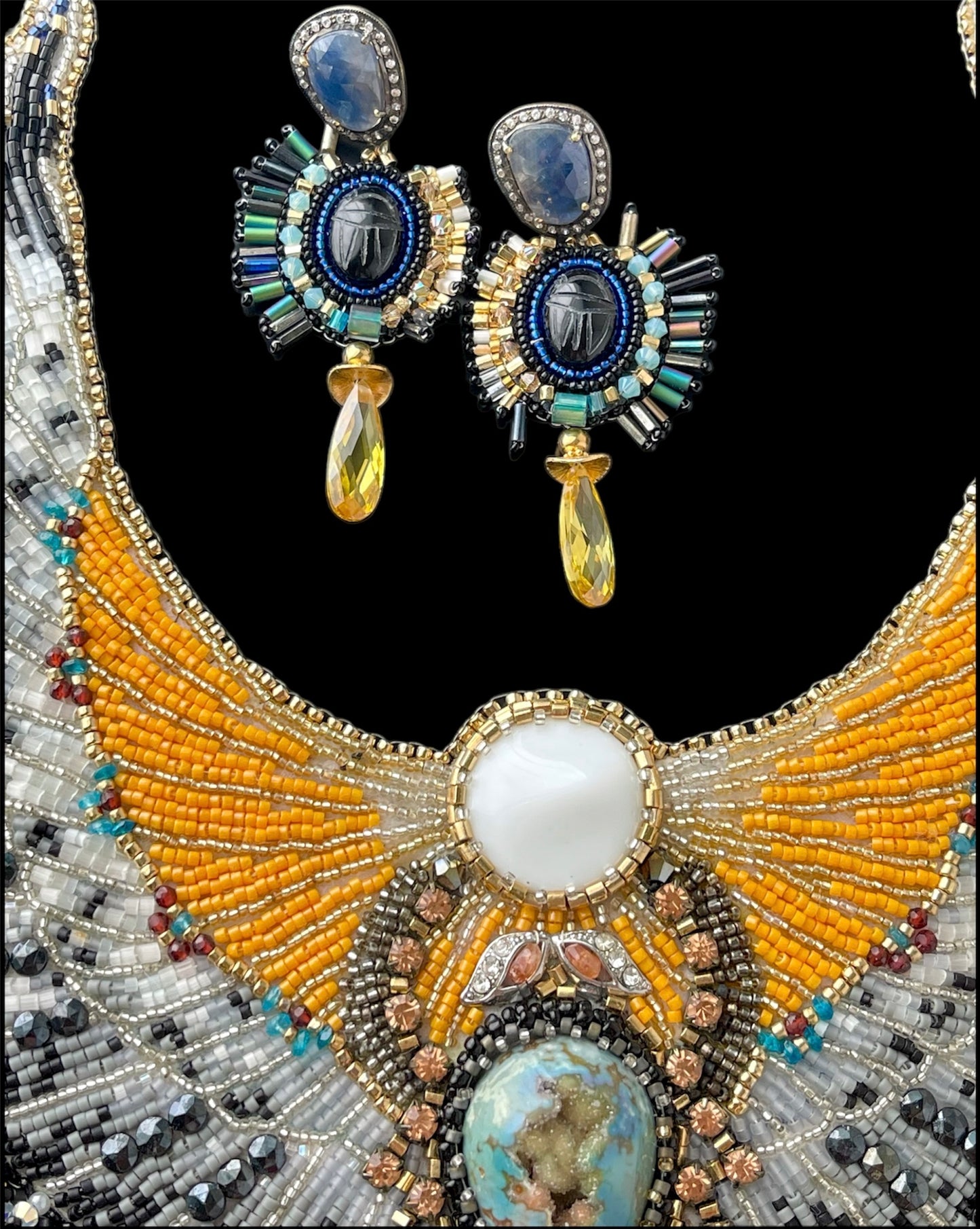 Ancient Treasures: Egyptian Winged Falcon Scarab Deity Collar Necklace Bracelet Earring Gift Set, Hand Embroidered with Gemstones and Glass