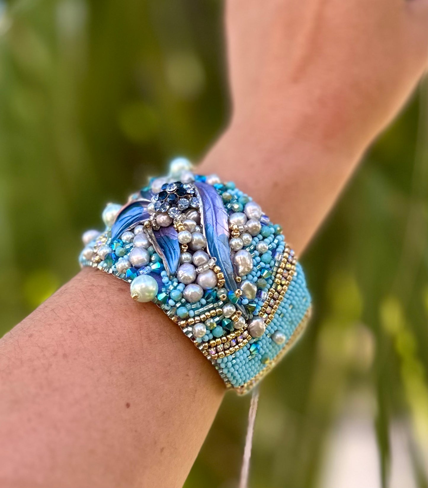 From Mermaid’s Garden Adjustable Bead Embroidered Bangle Jewelry, Beaded Pearl Sea Wave Underwater Art Bracelet