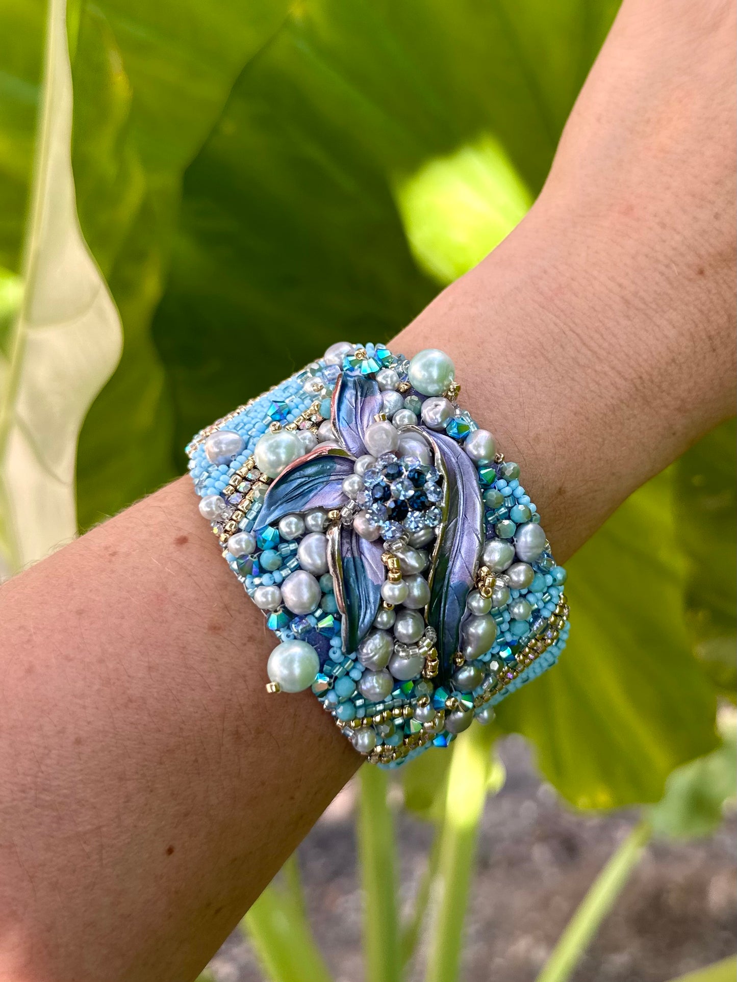 From Mermaid’s Garden Adjustable Bead Embroidered Bangle Jewelry, Beaded Pearl Sea Wave Underwater Art Bracelet