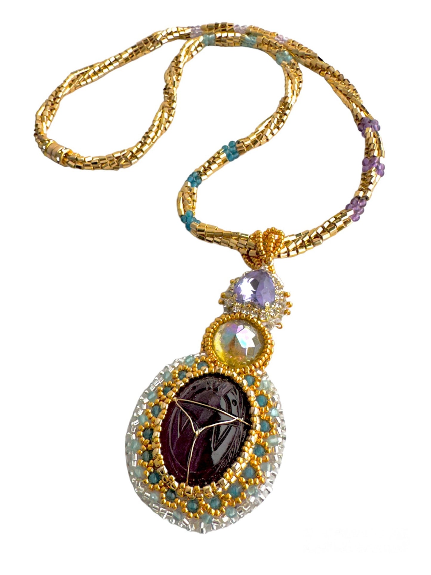 Purple Scarab Medallion 24k Gold Plated Seed Bead Chain Necklace for Women, Ancient Egypt Style with Apatite, Amethyst & Glass, Magnetic Clasp