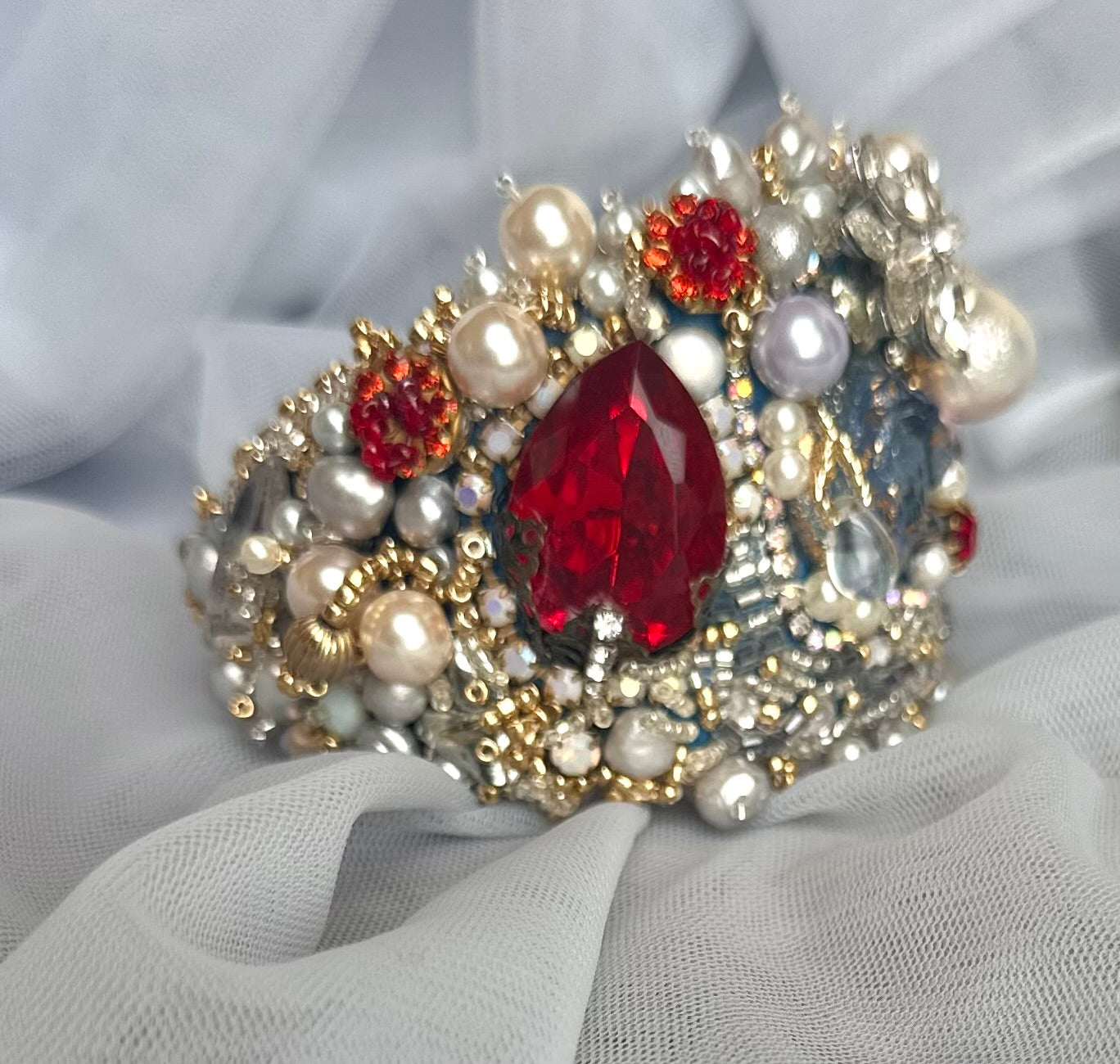 Baroque Chic Pearl & Red Rhinestone Embroidered Adjustable Bangle; Bohemian Vamp Opulent Beaded Bracelet in Gold, Silver and Ruby Colors