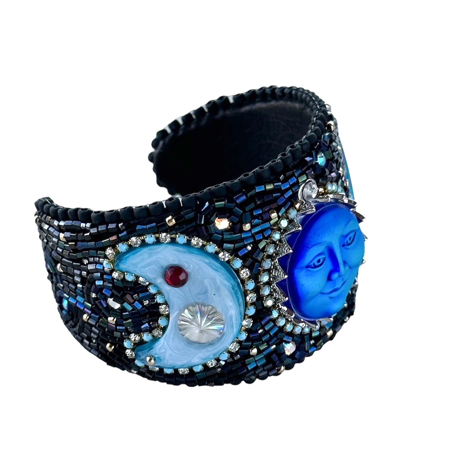 Lunar Phases Hand Bead Embroidered Adjustable Bracelet Cuff with Iridiscent Glass Face Stone, Celestial  Night Sky with Full Blue Moon