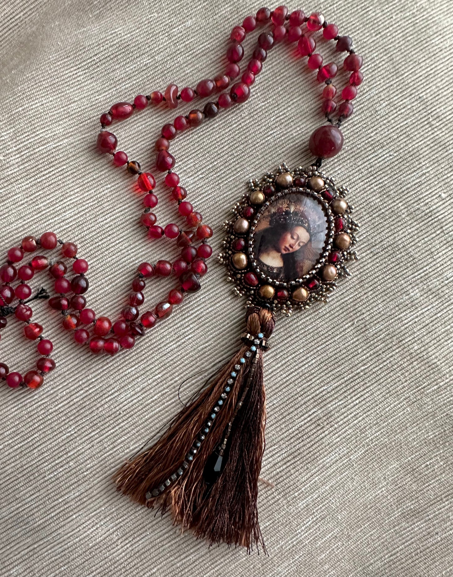 Virgin Mary Catholic Sacred Jewelry; Extra Long Silk Knotted Necklace with Pomegranate Red Glass Beads and Embroidered Medallion