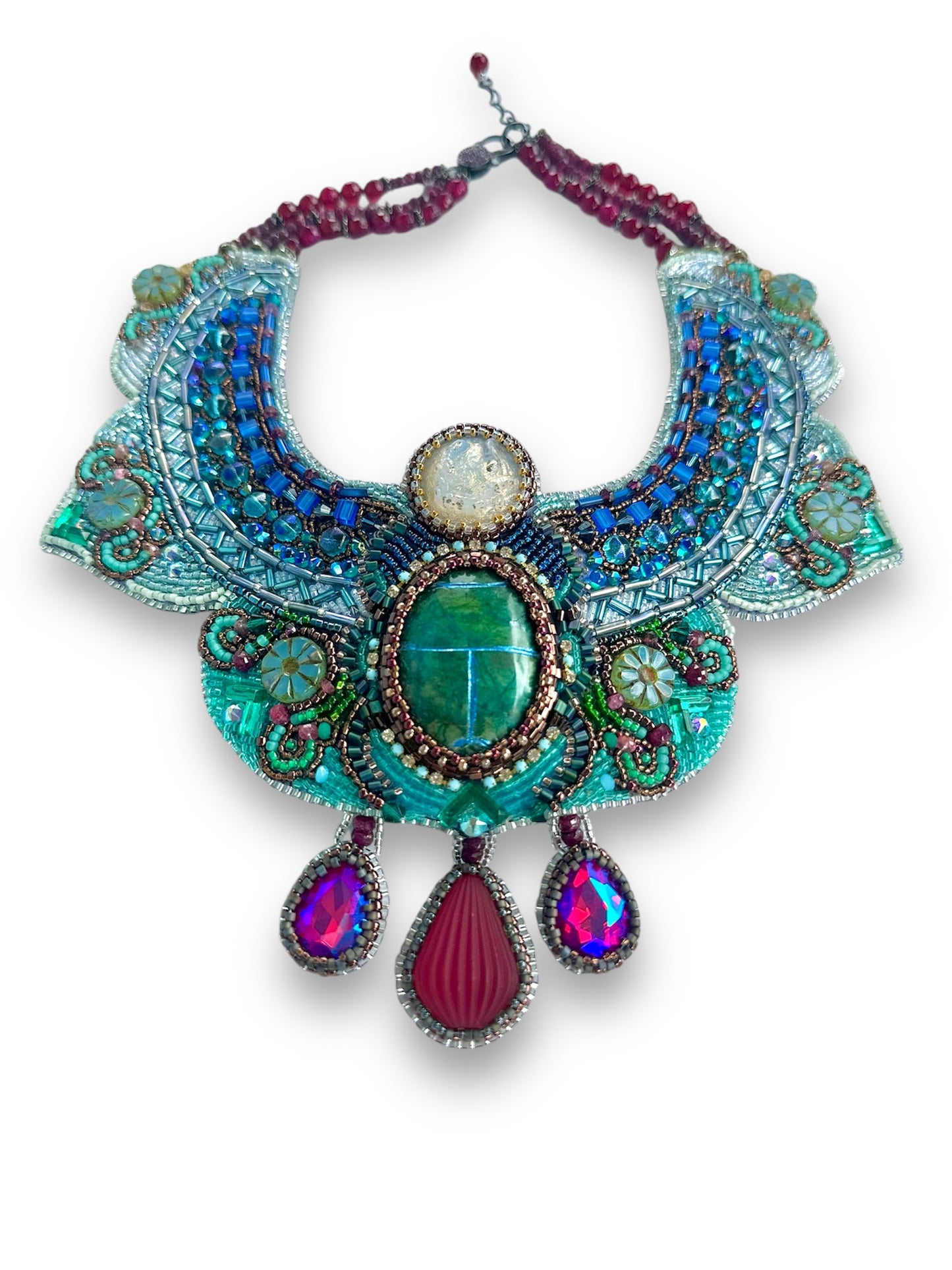 Gardens of Babylon Exquiste Art Embroidery Collar Necklace with Stylized Sacarab, Rubies, Glass & Gemstones; Special Statement Necklace Gift