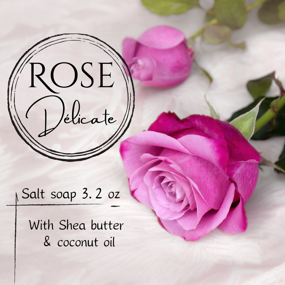 Rose Delicate Scented Sea Salt Shower Bar with Coconut Oil and Shea Butter 3.2 OZ; Powdery Soft Floral Fragrant Soap for Women Elegant Clean