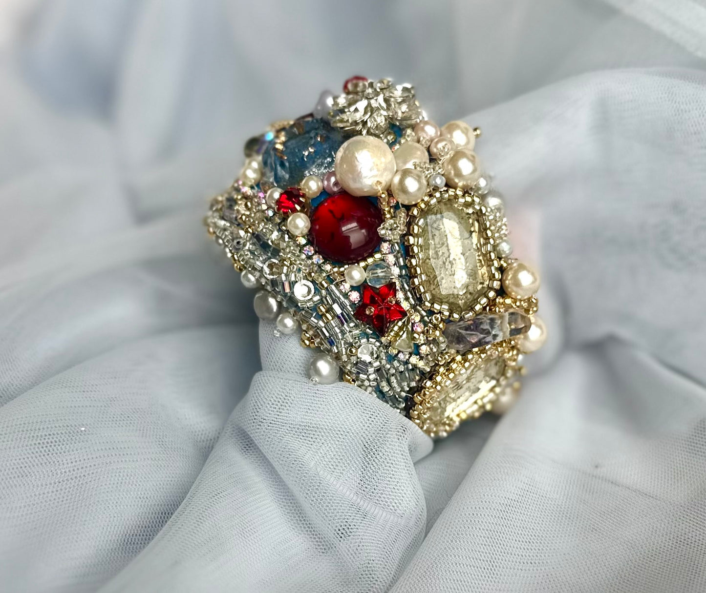 Baroque Chic Pearl & Red Rhinestone Embroidered Adjustable Bangle; Bohemian Vamp Opulent Beaded Bracelet in Gold, Silver and Ruby Colors