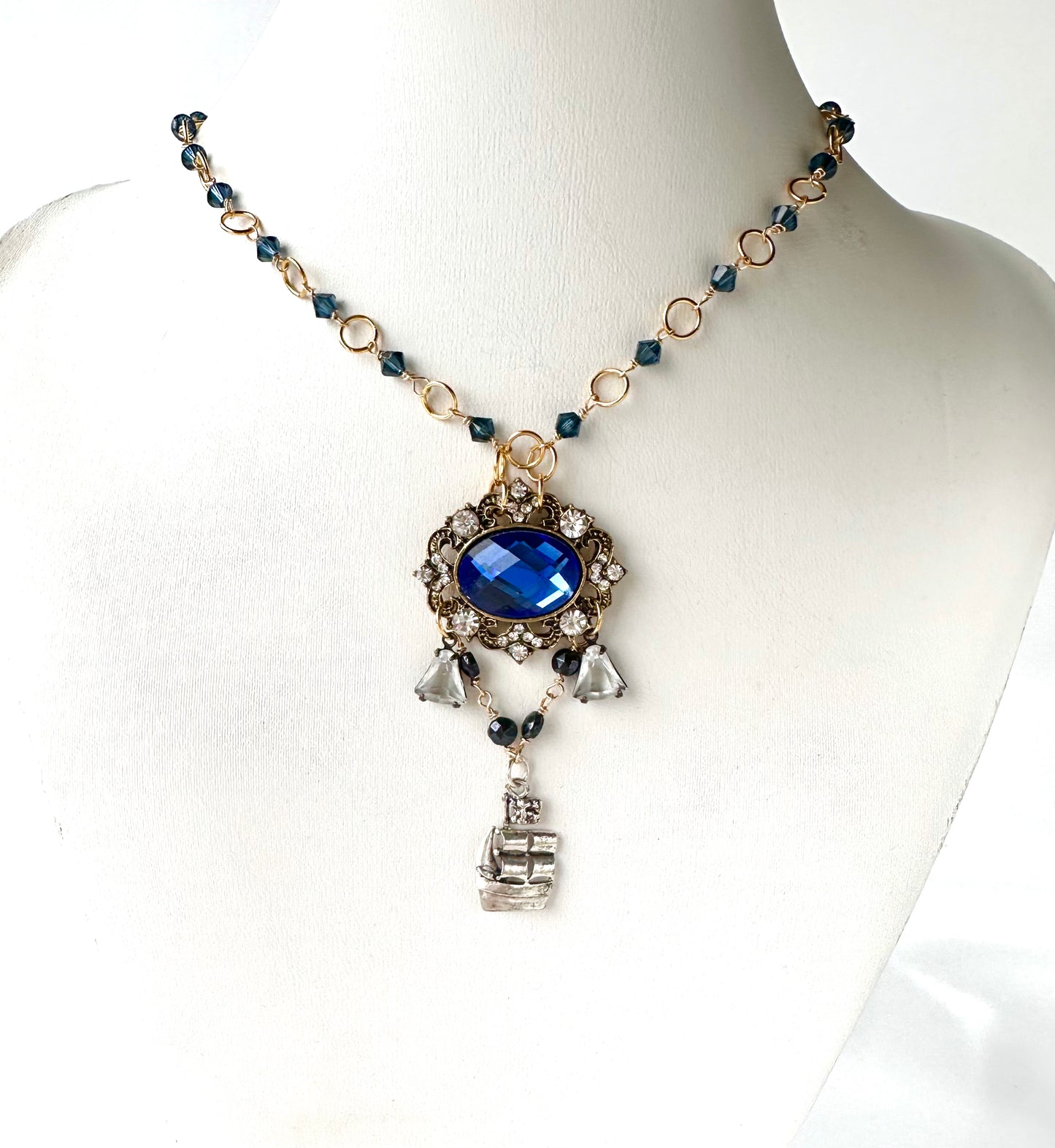 Georgiana Necklace - Rococo Flair Blue Rhinestone and Ship Pendant Necklace with Austrian Crystal Beads and Plated Chain