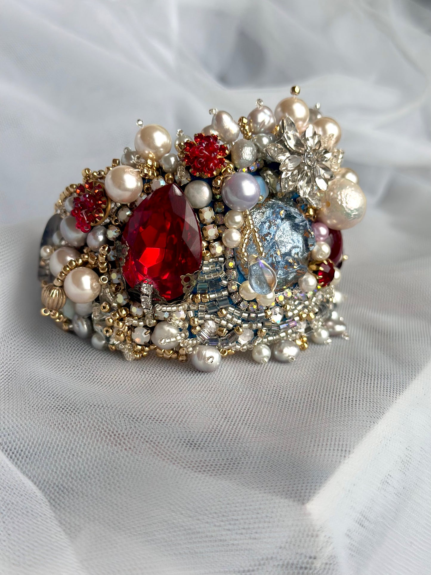 Baroque Chic Pearl & Red Rhinestone Embroidered Adjustable Bangle; Bohemian Vamp Opulent Beaded Bracelet in Gold, Silver and Ruby Colors