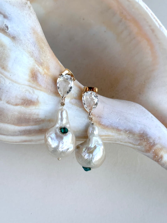 Cream Baroque Pearl Drop Earrings with Rose Overtone, Emerald Hued Crystal Embellished, Wedding Day Jewelry