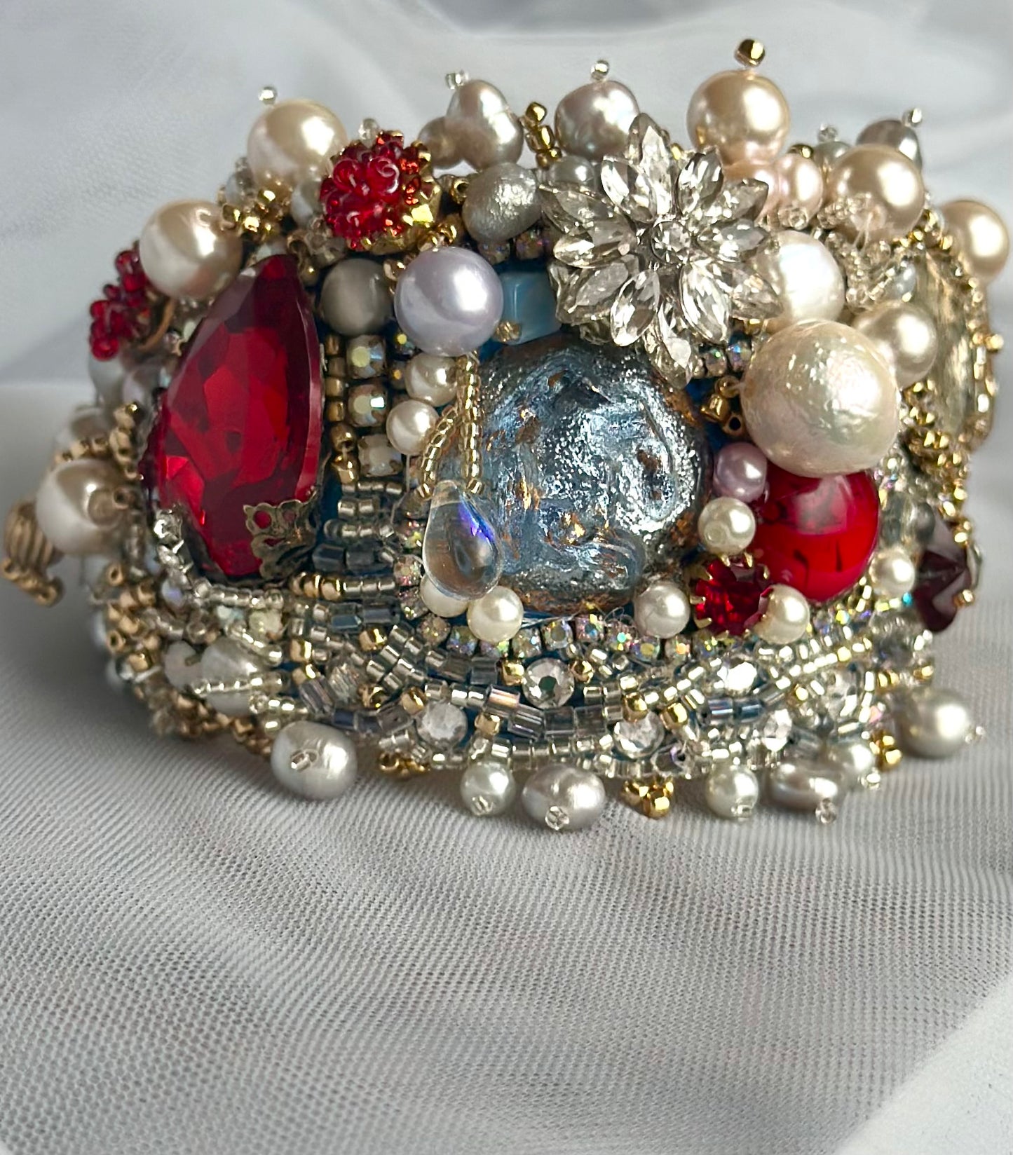 Baroque Chic Pearl & Red Rhinestone Embroidered Adjustable Bangle; Bohemian Vamp Opulent Beaded Bracelet in Gold, Silver and Ruby Colors