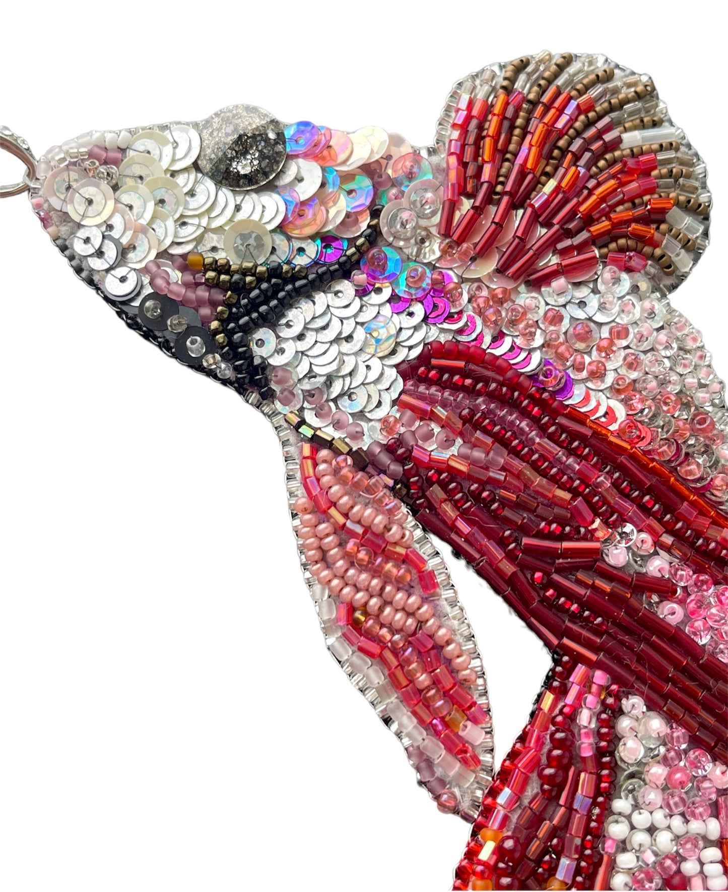 Magical Catch Red Betta Fish Sparkly Necklace, Bead Embroidery Wearable Art with Glass, Pearls, and Crystal Beads on Silk Magenta Braid Rope