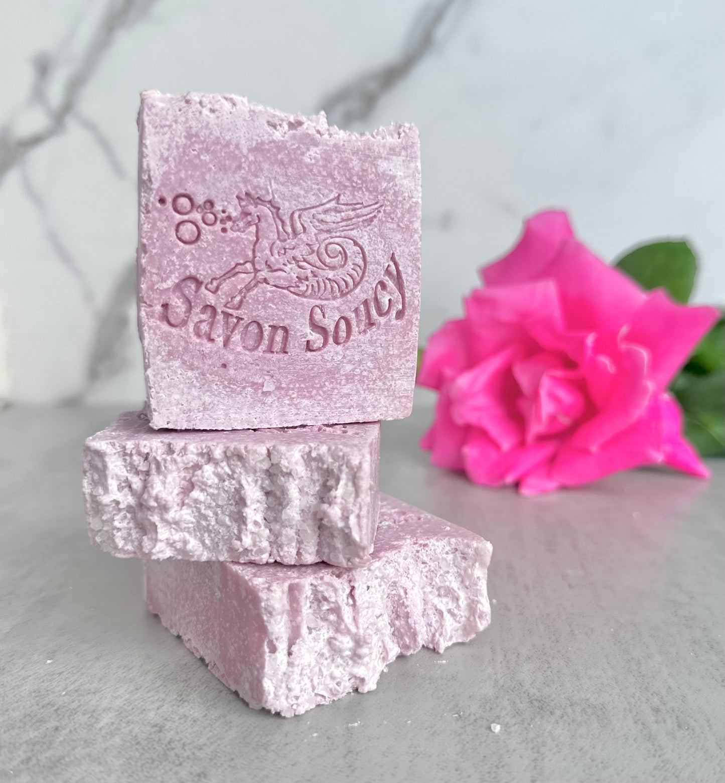 Rose Delicate Scented Sea Salt Shower Bar with Coconut Oil and Shea Butter 3.2 OZ; Powdery Soft Floral Fragrant Soap for Women Elegant Clean