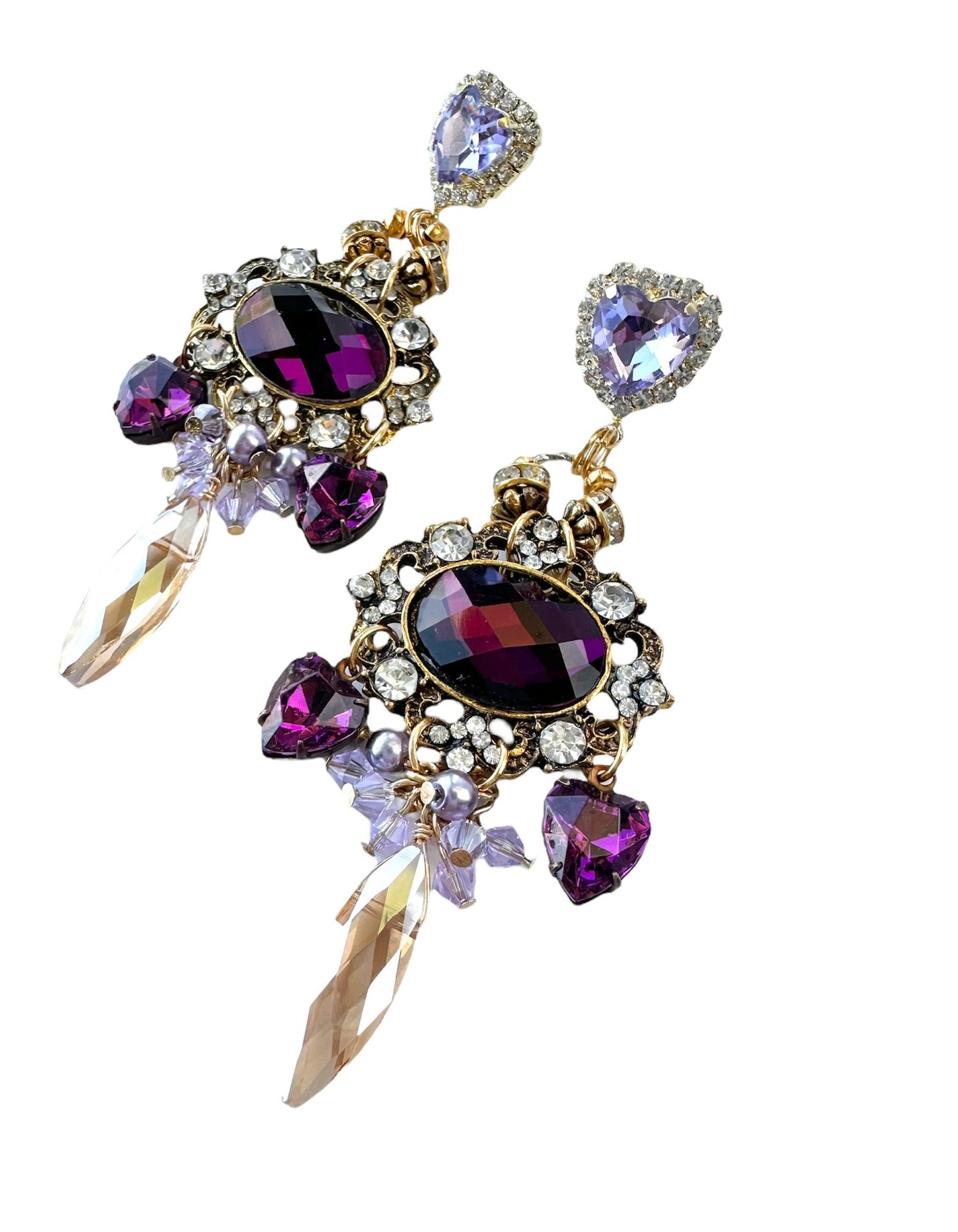 Victoria Earrings - Romantic Victorian Style Dangle Earrings Featuring Luxurious Purple and Lavender Rhinestones with Gold Accents