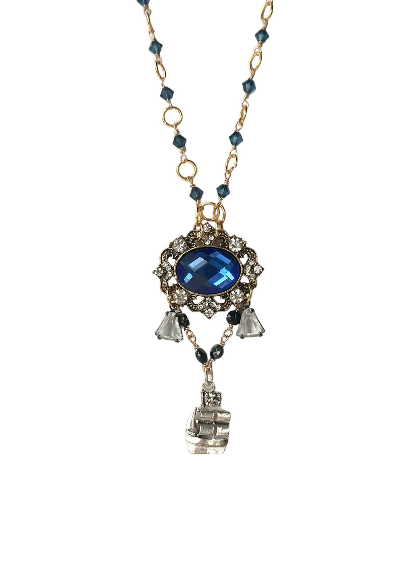 Georgiana Necklace - Rococo Flair Blue Rhinestone and Ship Pendant Necklace with Austrian Crystal Beads and Plated Chain