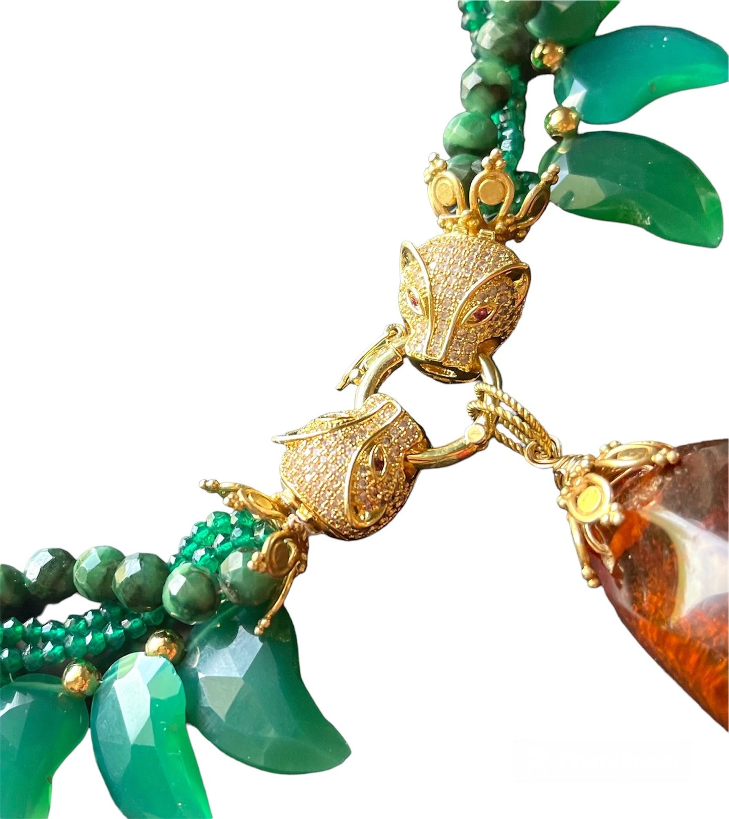 Luxury Necklace with Baltic Amber and Carved Green Onyx