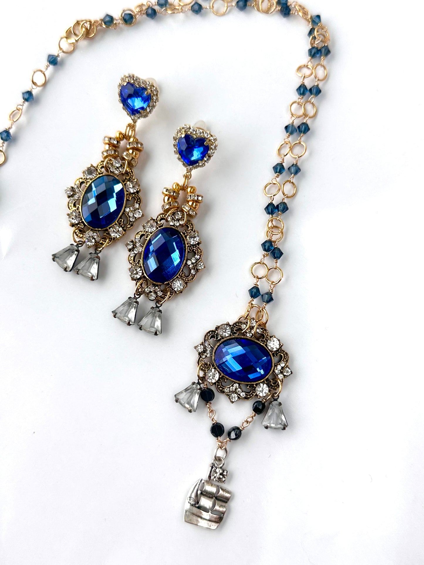 Georgiana Necklace - Rococo Flair Blue Rhinestone and Ship Pendant Necklace with Austrian Crystal Beads and Plated Chain