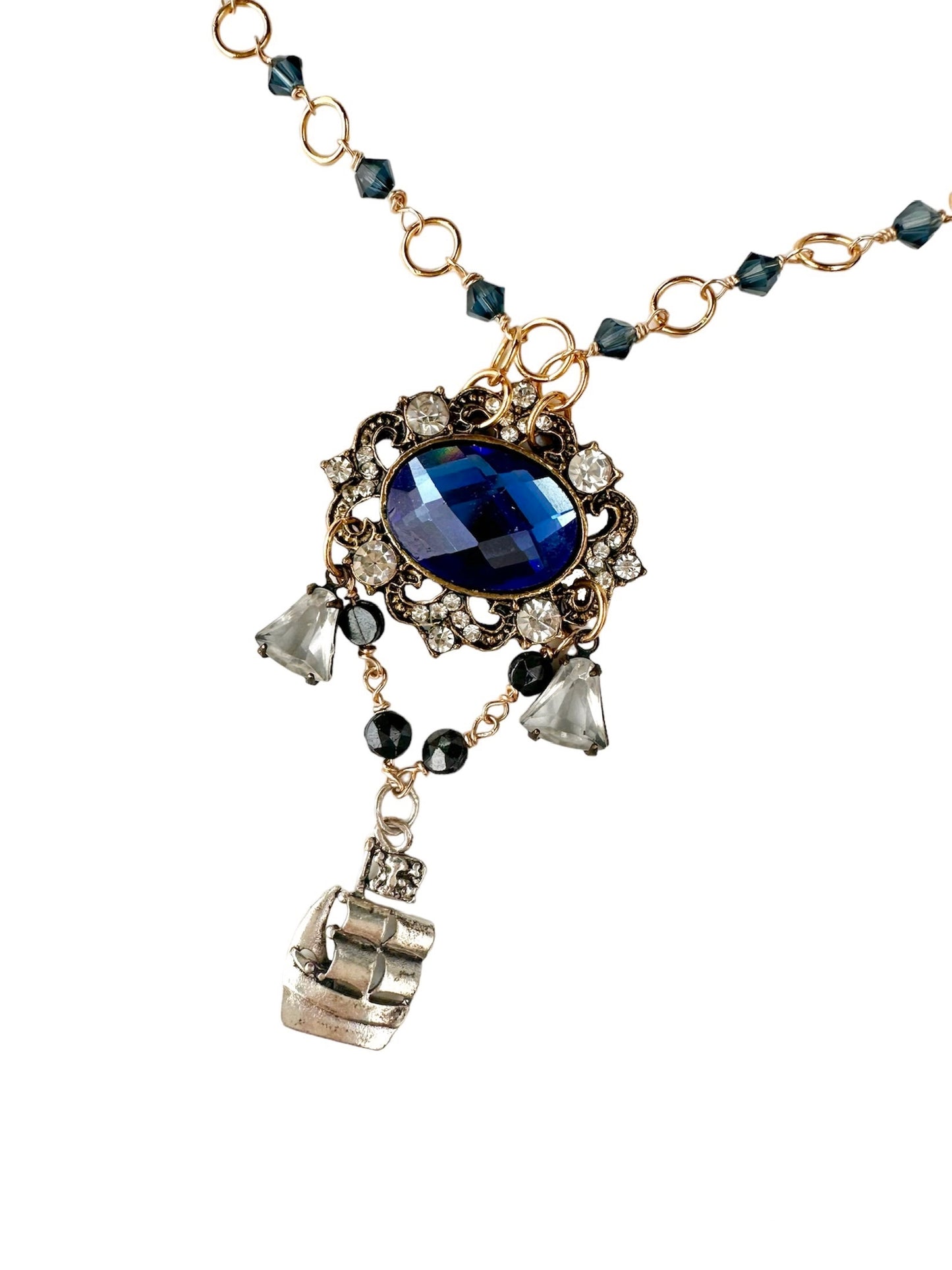 Georgiana Necklace - Rococo Flair Blue Rhinestone and Ship Pendant Necklace with Austrian Crystal Beads and Plated Chain