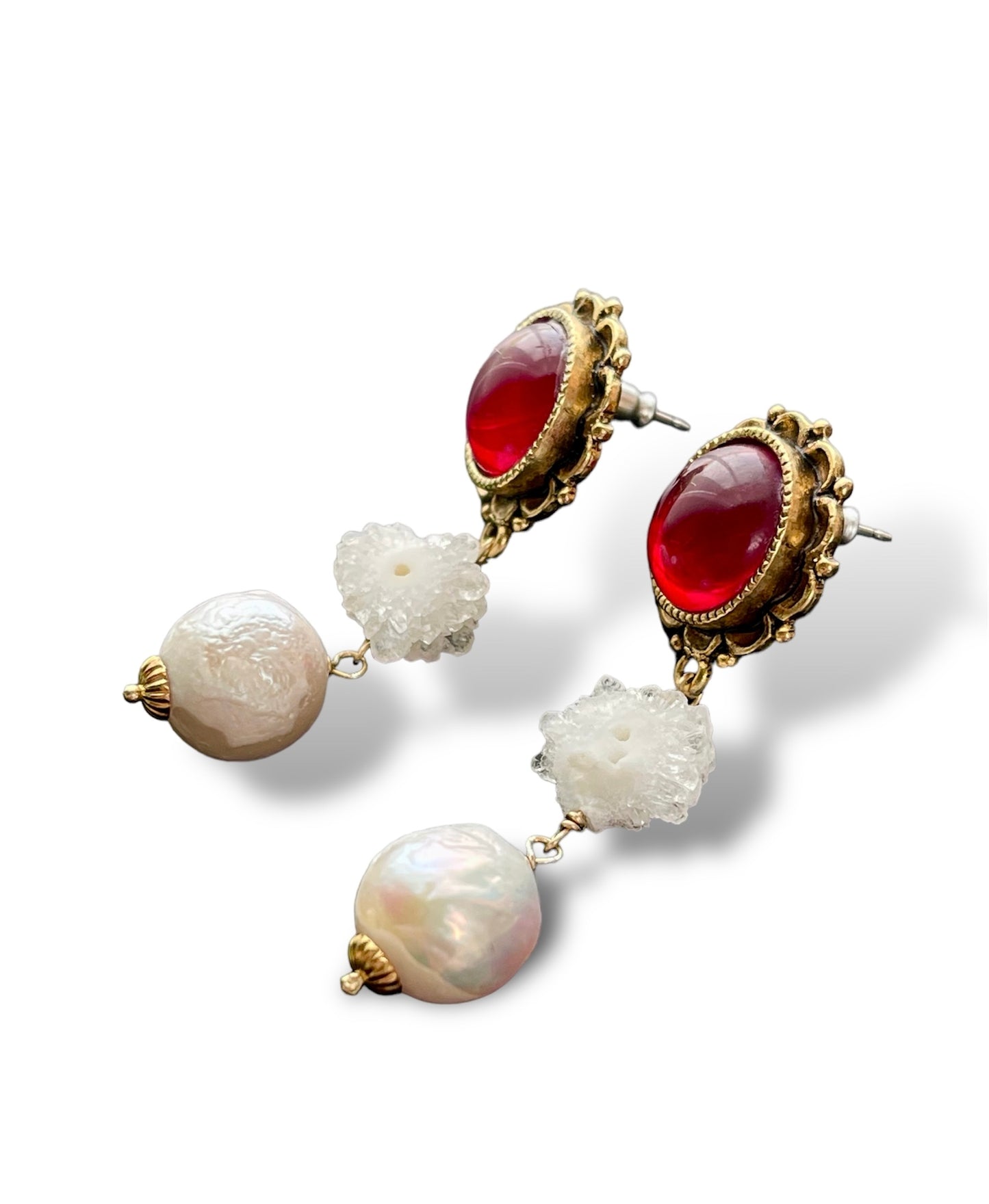 Snow Queen Red Glass & Baroque Pearl Drop Earrings with Stalactite; Historical Themed Jewelry Accessories