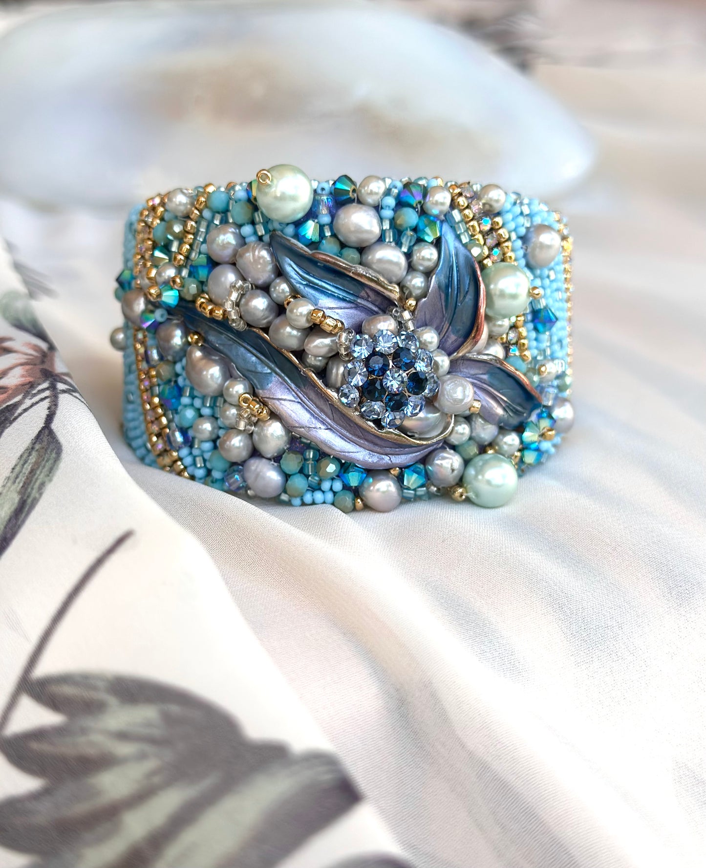 From Mermaid’s Garden Adjustable Bead Embroidered Bangle Jewelry, Beaded Pearl Sea Wave Underwater Art Bracelet