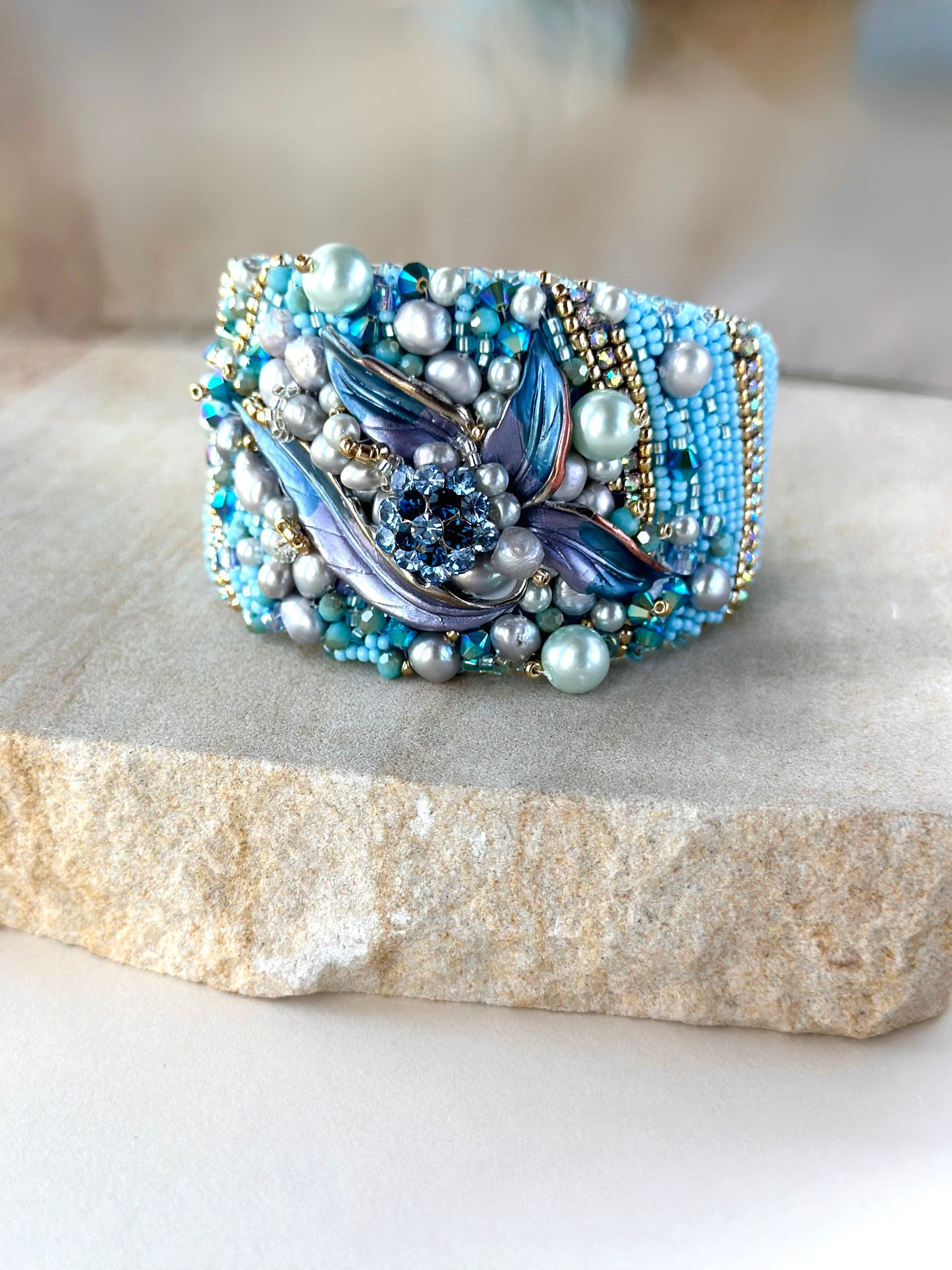 From Mermaid’s Garden Adjustable Bead Embroidered Bangle Jewelry, Beaded Pearl Sea Wave Underwater Art Bracelet