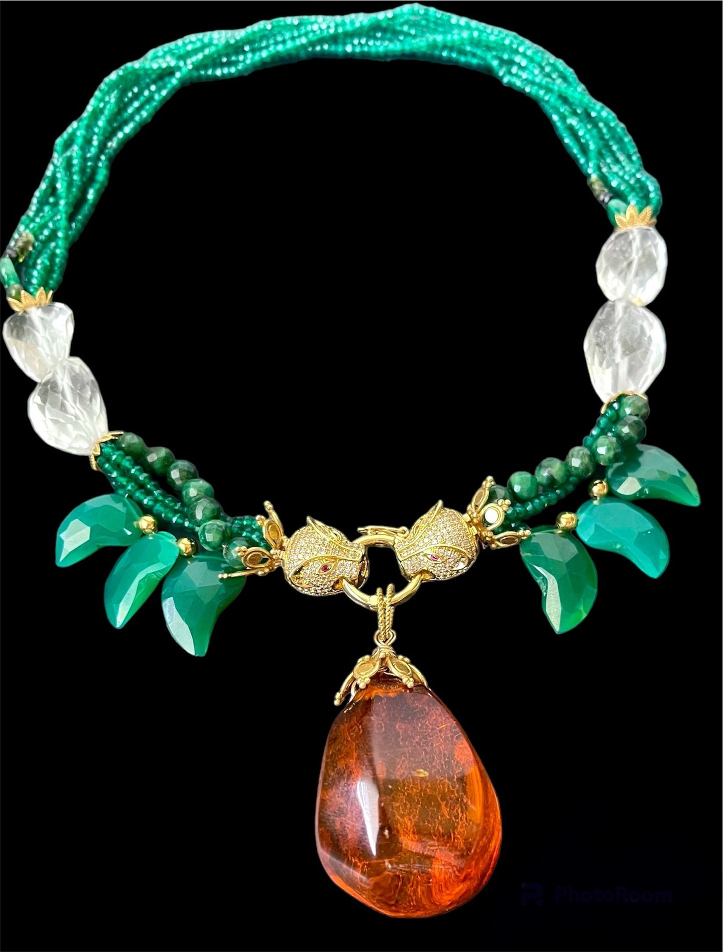 Luxury Necklace with Baltic Amber and Carved Green Onyx