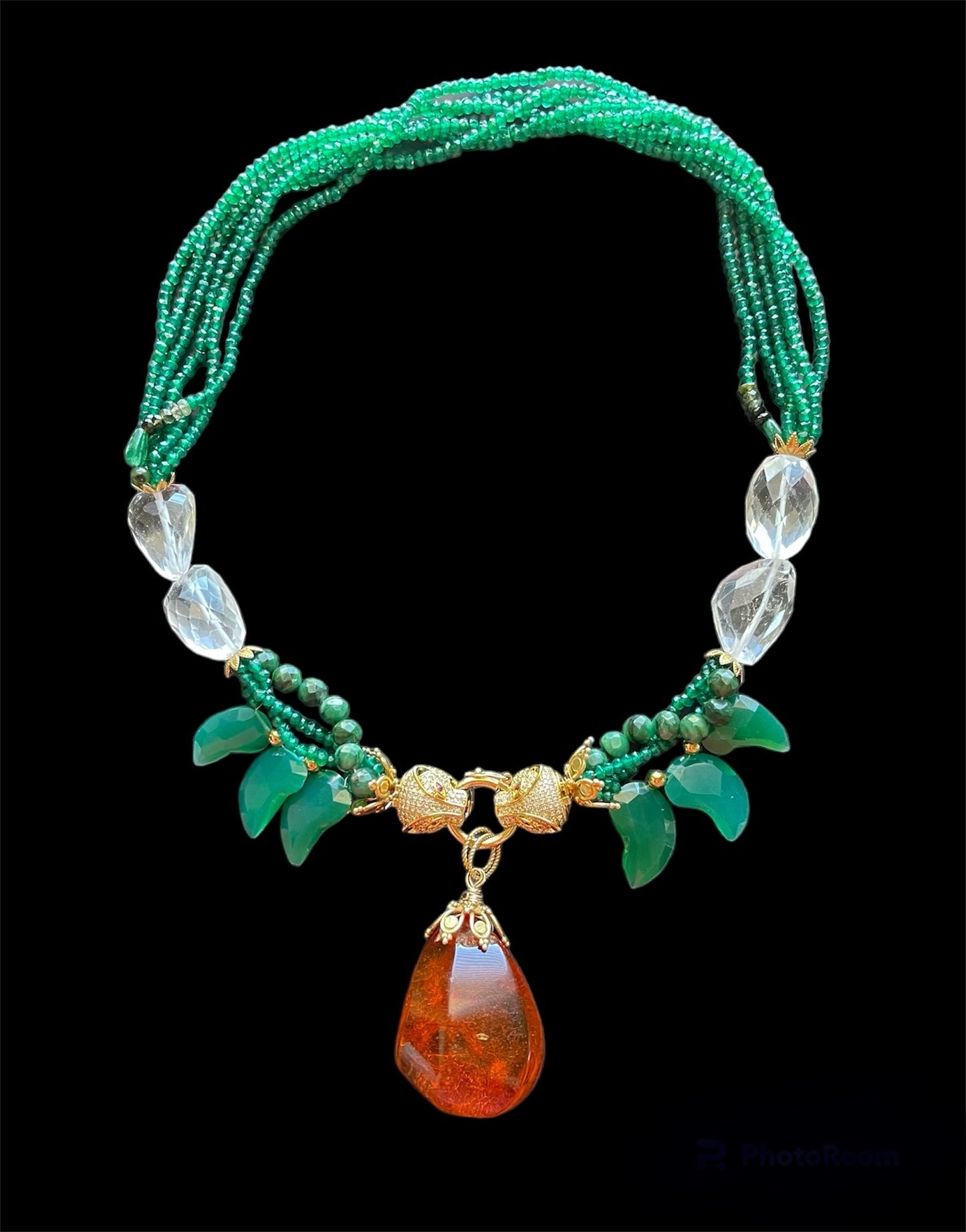 Luxury Necklace with Baltic Amber and Carved Green Onyx