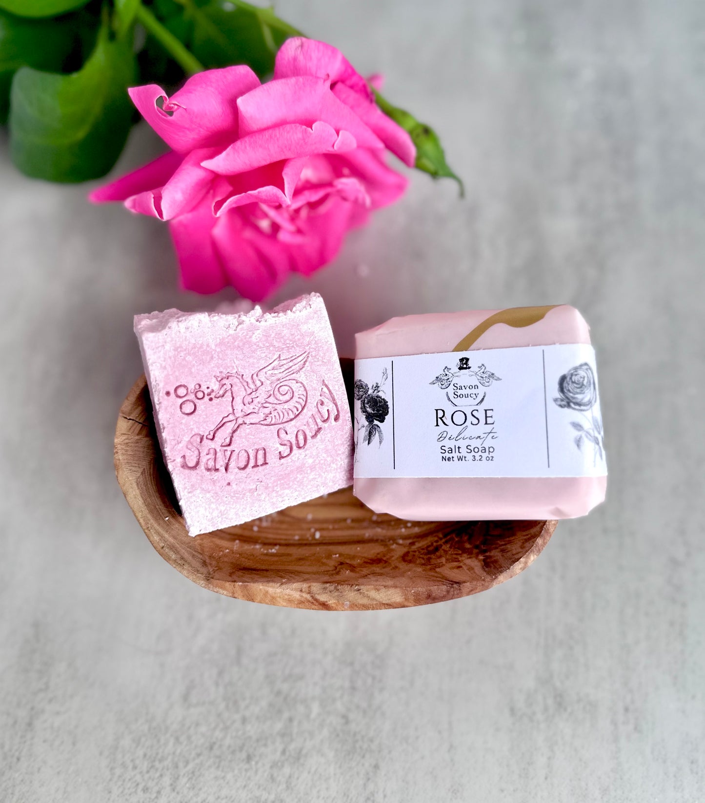 Rose Delicate Scented Sea Salt Shower Bar with Coconut Oil and Shea Butter 3.2 OZ; Powdery Soft Floral Fragrant Soap for Women Elegant Clean