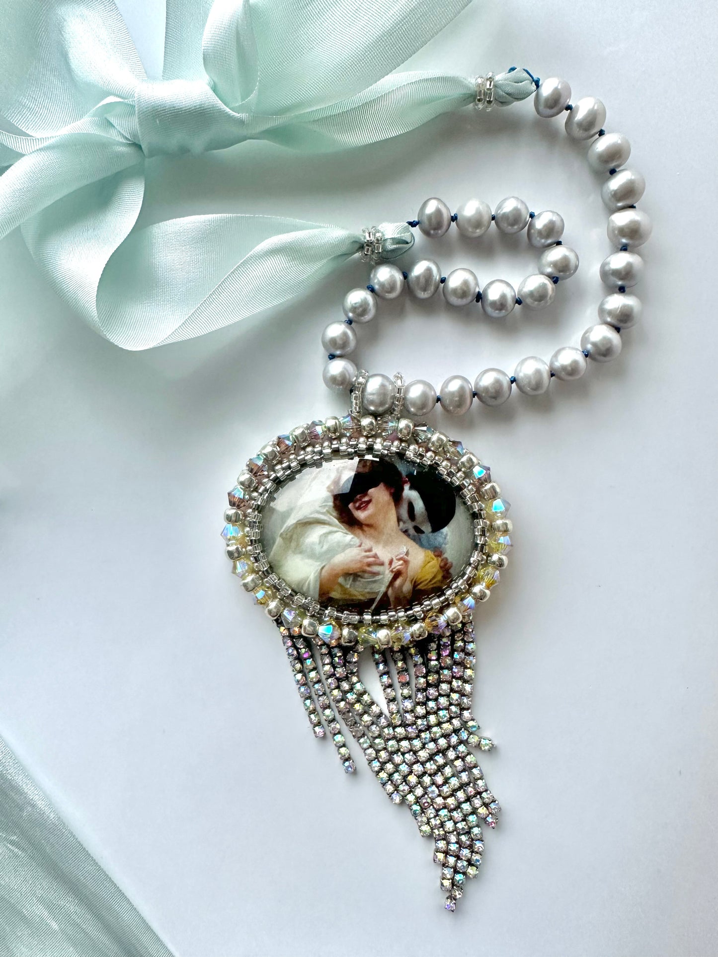 Romantic Medallion Pearl String Silk Ribbon Necklace, Victorian Bead Embroidery with Pierrot’s Embrace in Pale Mint Green and Silver Colors