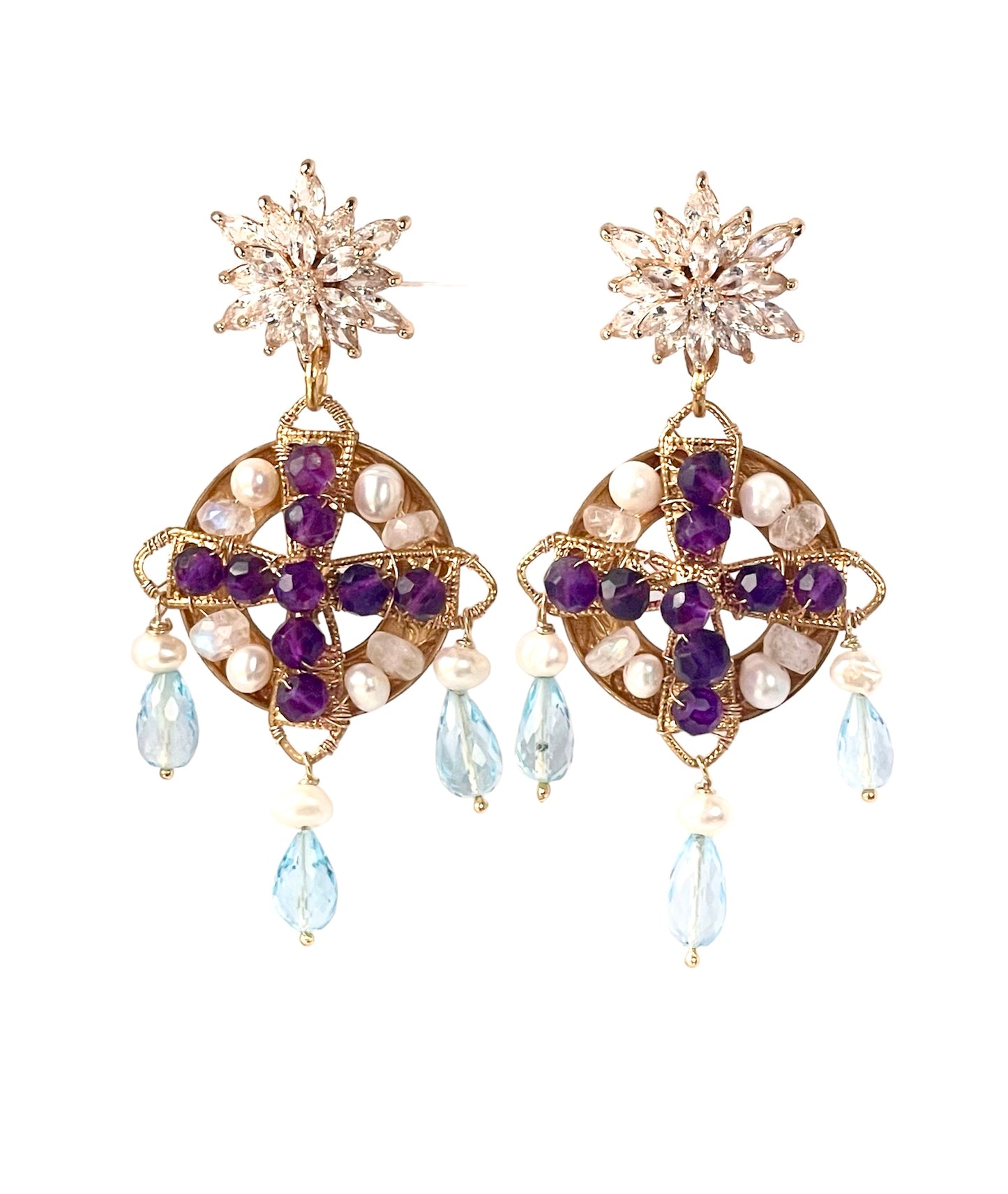 Celestial Alchemical Renaissance Style Gemstone Earrings, Byzantine Medieval Jewelry, Handcrafted with Amethyst Pearl and Blue Topaz