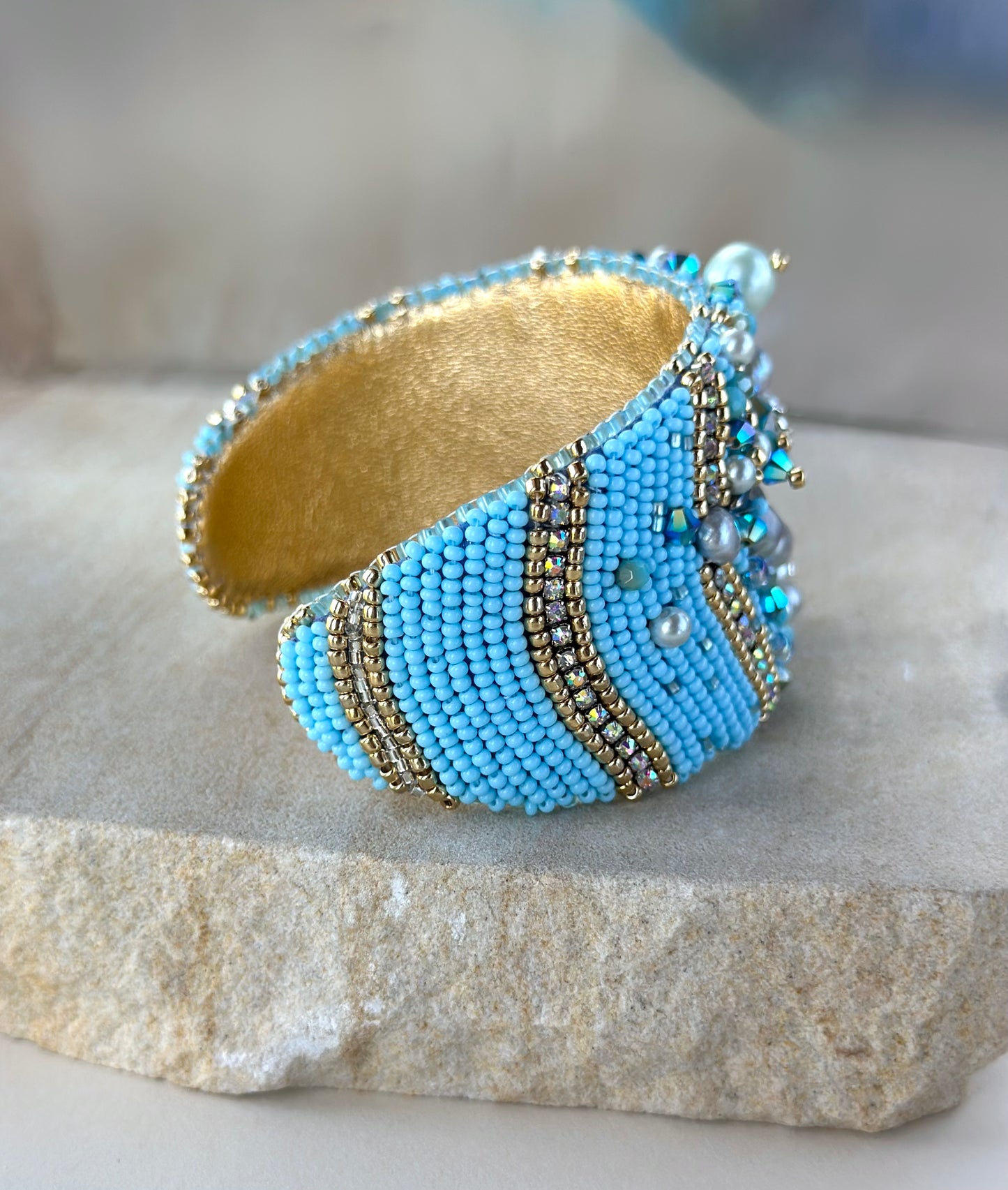 From Mermaid’s Garden Adjustable Bead Embroidered Bangle Jewelry, Beaded Pearl Sea Wave Underwater Art Bracelet