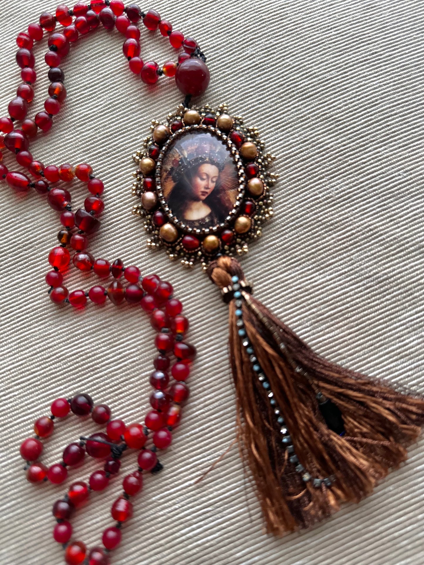 Virgin Mary Catholic Sacred Jewelry; Extra Long Silk Knotted Necklace with Pomegranate Red Glass Beads and Embroidered Medallion