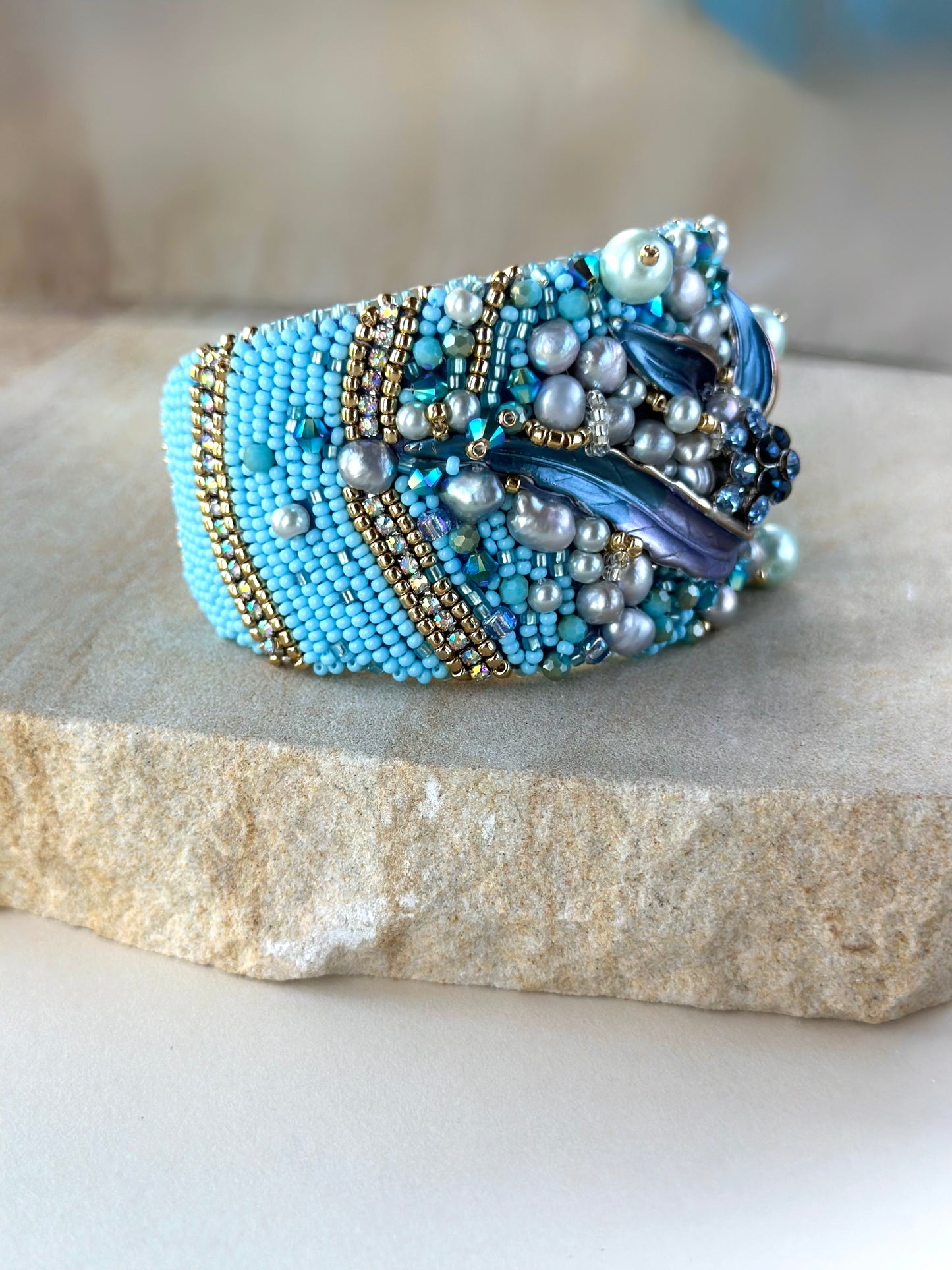 From Mermaid’s Garden Adjustable Bead Embroidered Bangle Jewelry, Beaded Pearl Sea Wave Underwater Art Bracelet