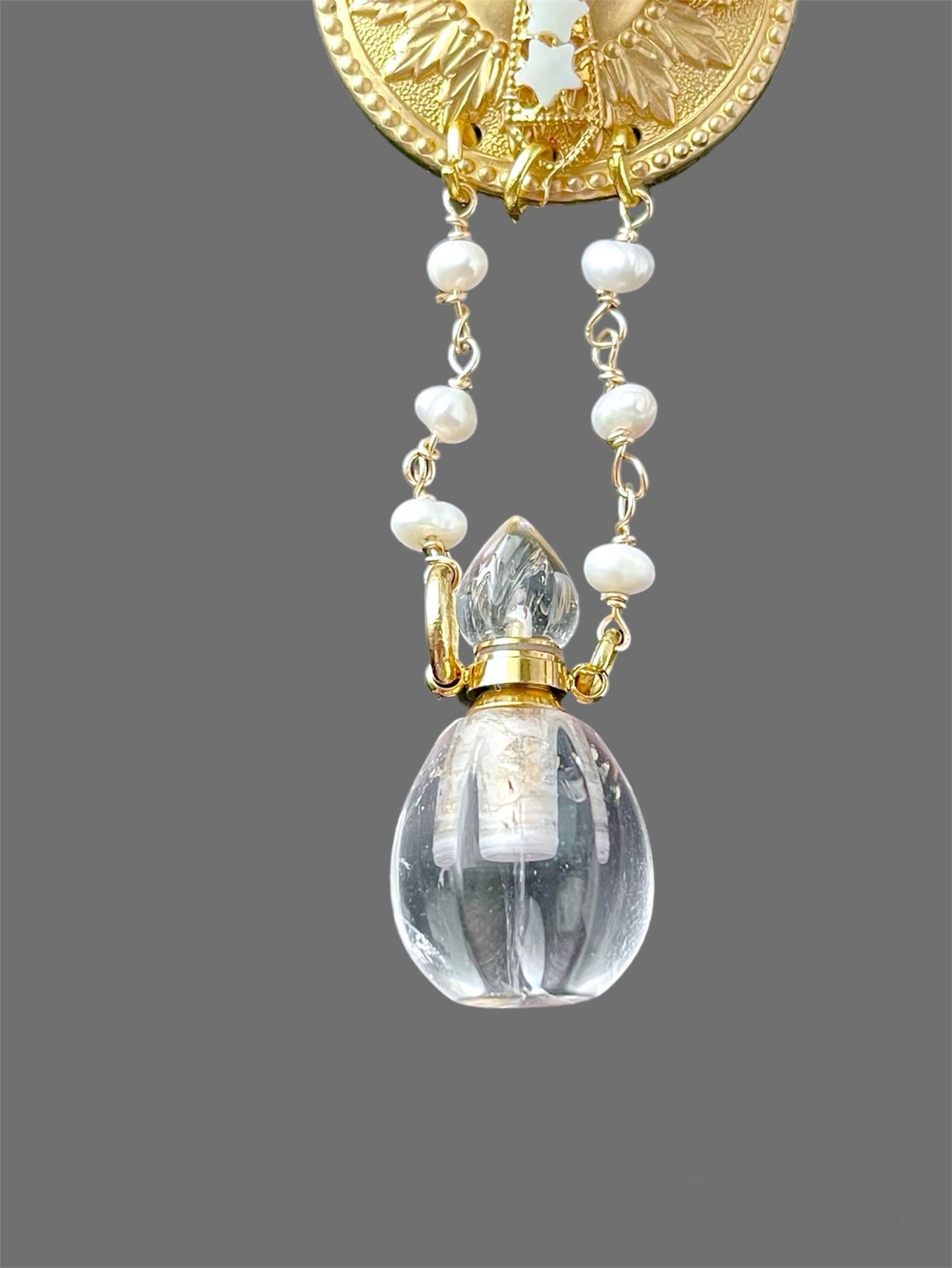 Renaissance Alchemy Celestial Necklace Wire Wrapped with Pale Green Amethyst and Wuartz Crystal, 14k Gold Filled Wire, Freshwater Pearls