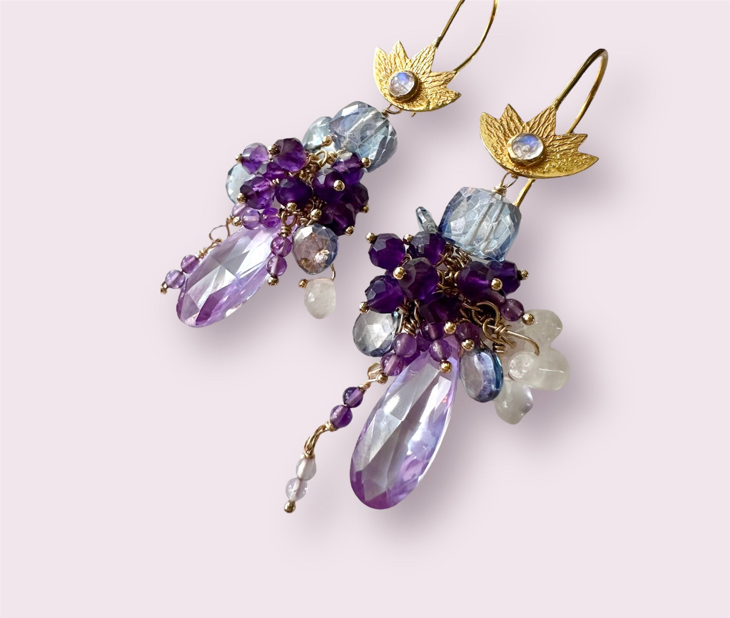 Lotus Romance Gemstone Cluster Earrings Wire Wrapped Gold Fill with Amethyst, Quartz, Topaz, Cubic Zirconia, Thoughtful Gifts for Women