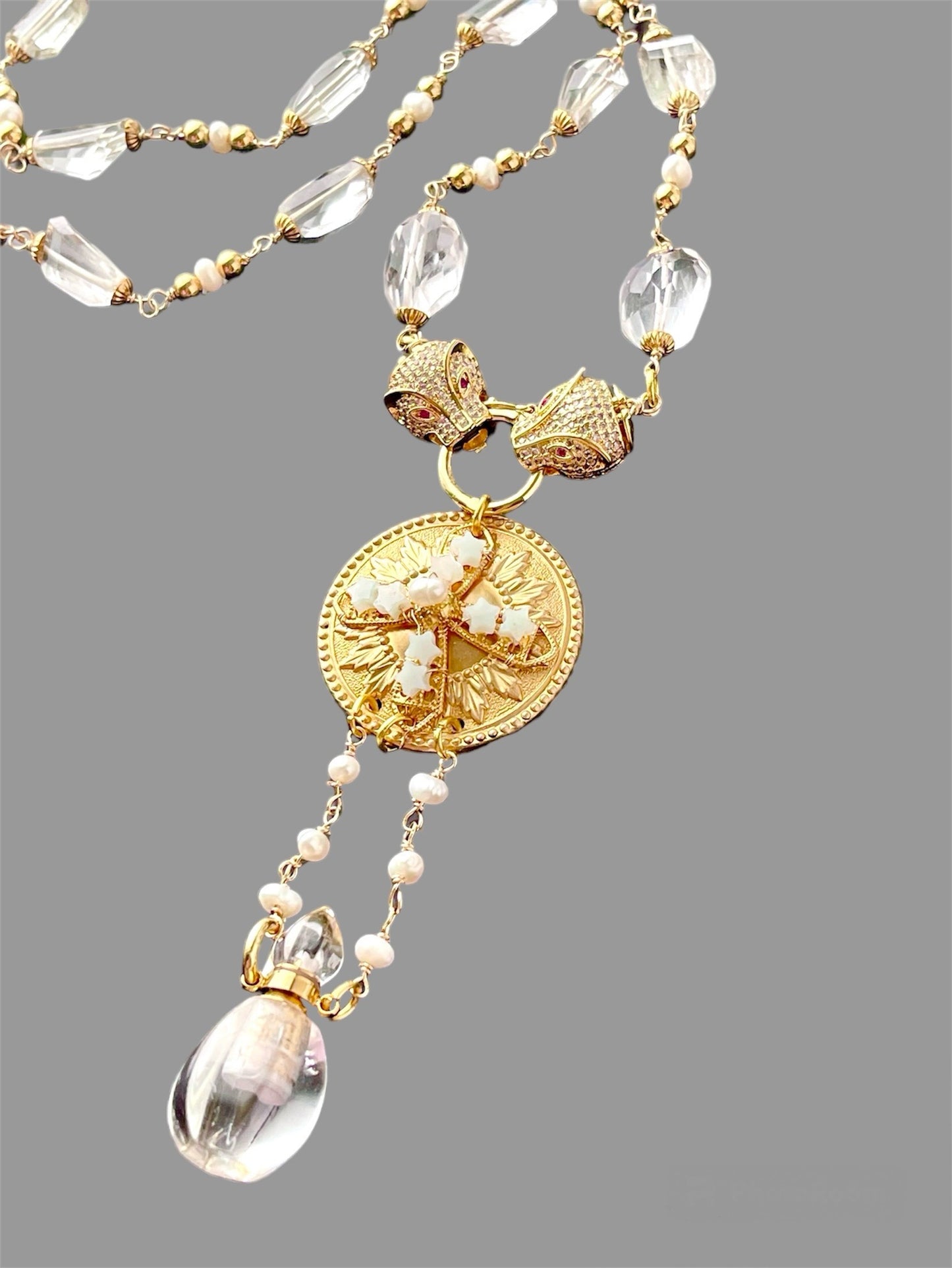 Renaissance Alchemy Celestial Necklace Wire Wrapped with Pale Green Amethyst and Wuartz Crystal, 14k Gold Filled Wire, Freshwater Pearls