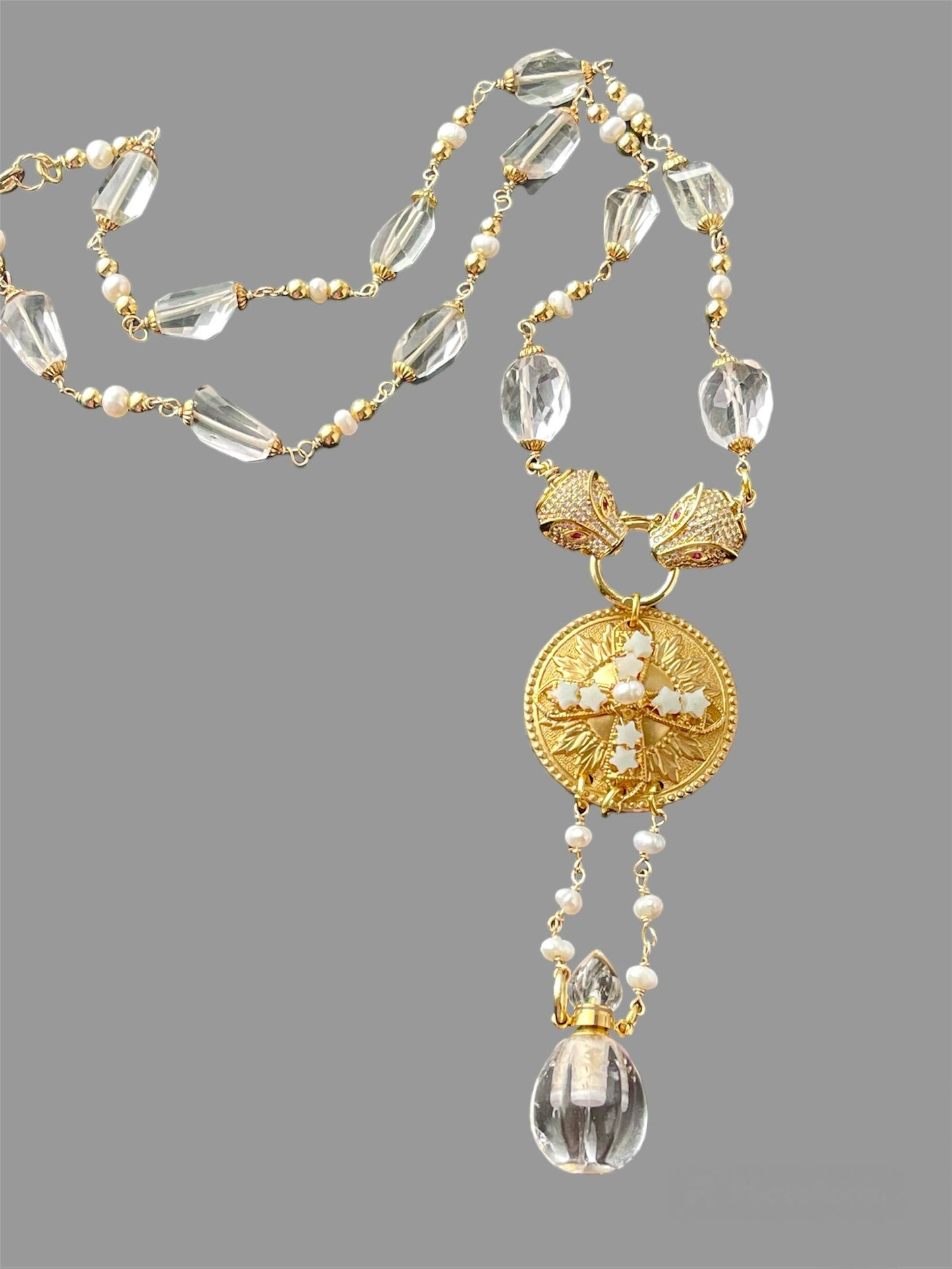 Renaissance Alchemy Celestial Necklace Wire Wrapped with Pale Green Amethyst and Wuartz Crystal, 14k Gold Filled Wire, Freshwater Pearls