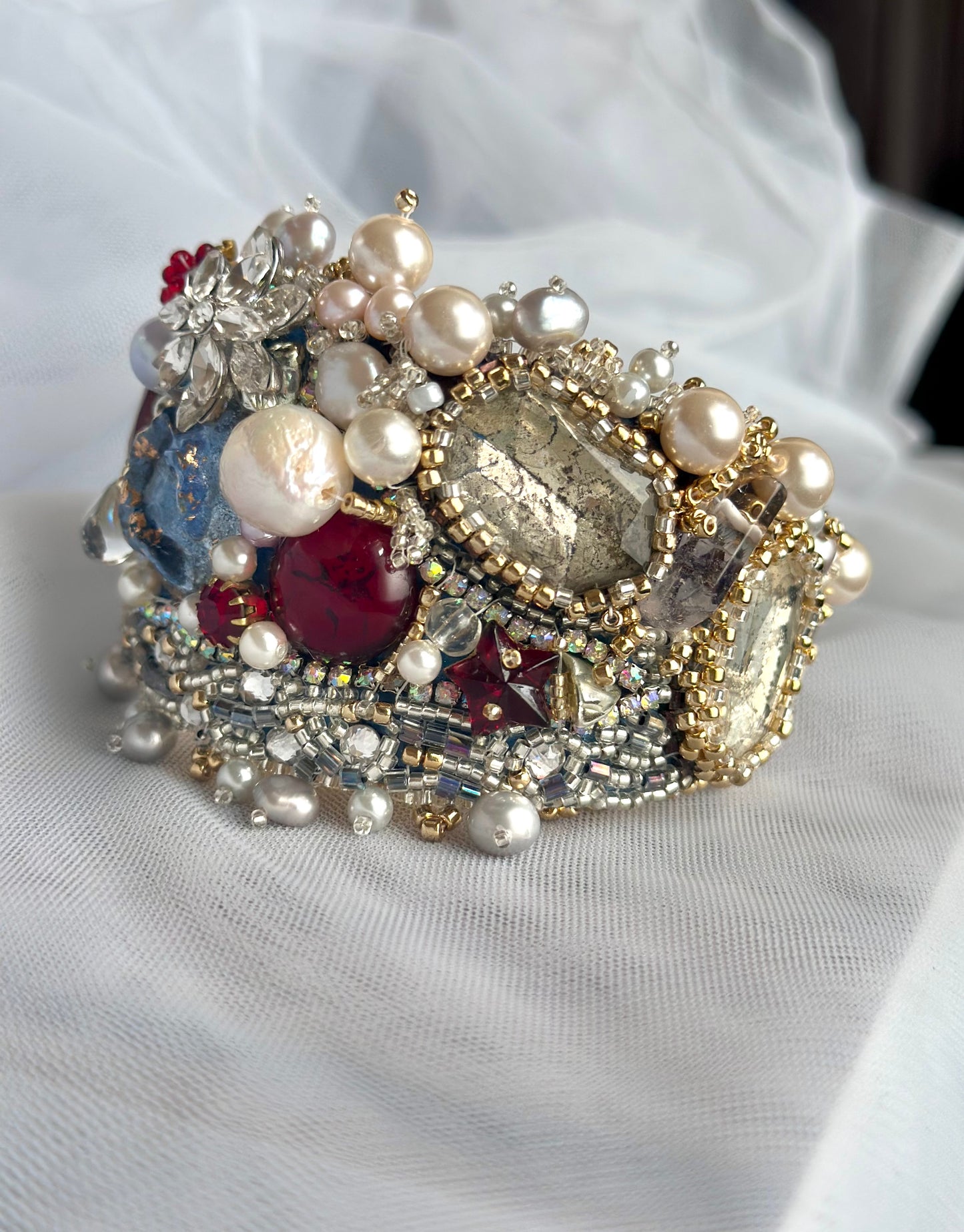 Baroque Chic Pearl & Red Rhinestone Embroidered Adjustable Bangle; Bohemian Vamp Opulent Beaded Bracelet in Gold, Silver and Ruby Colors