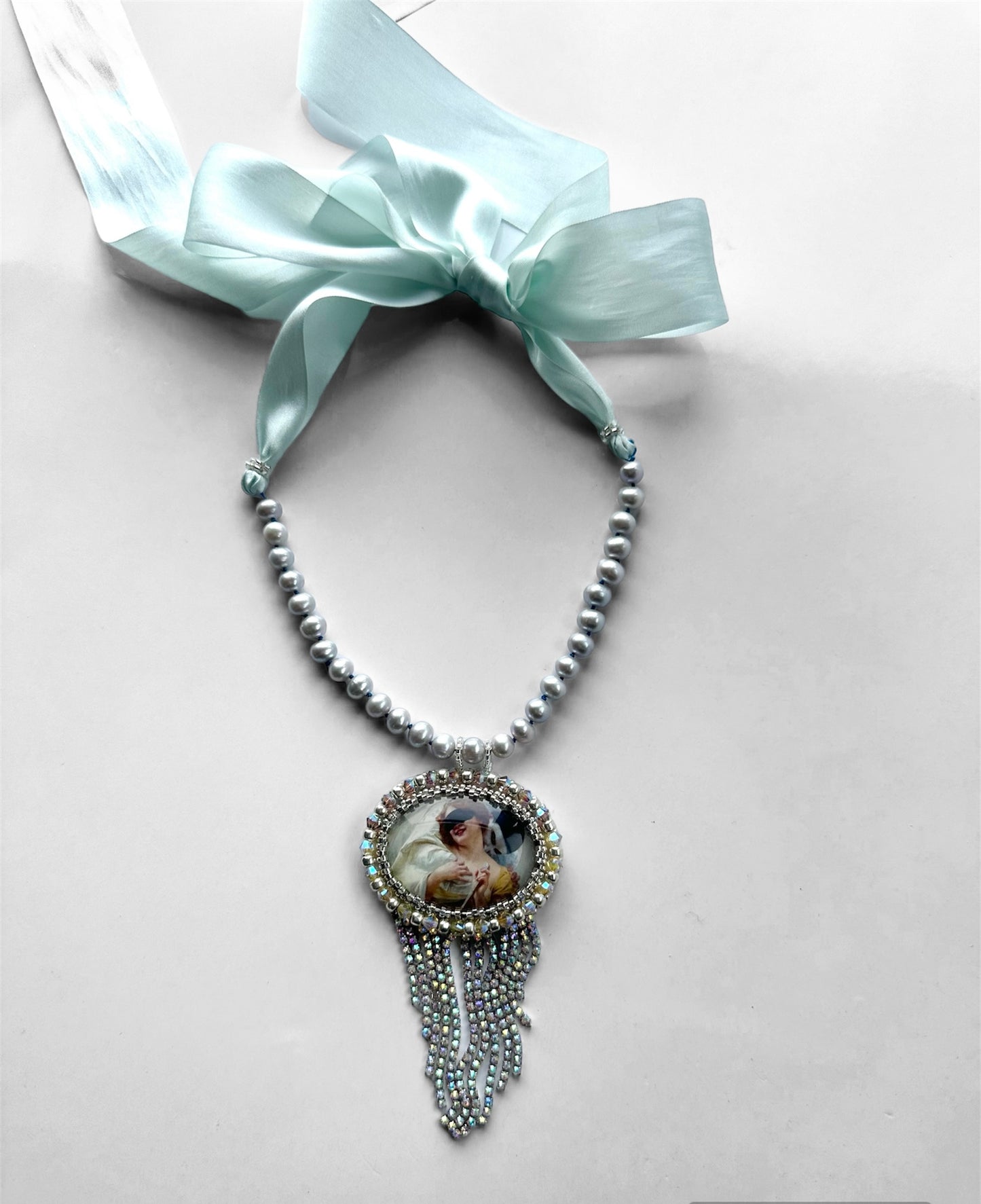 Romantic Medallion Pearl String Silk Ribbon Necklace, Victorian Bead Embroidery with Pierrot’s Embrace in Pale Mint Green and Silver Colors