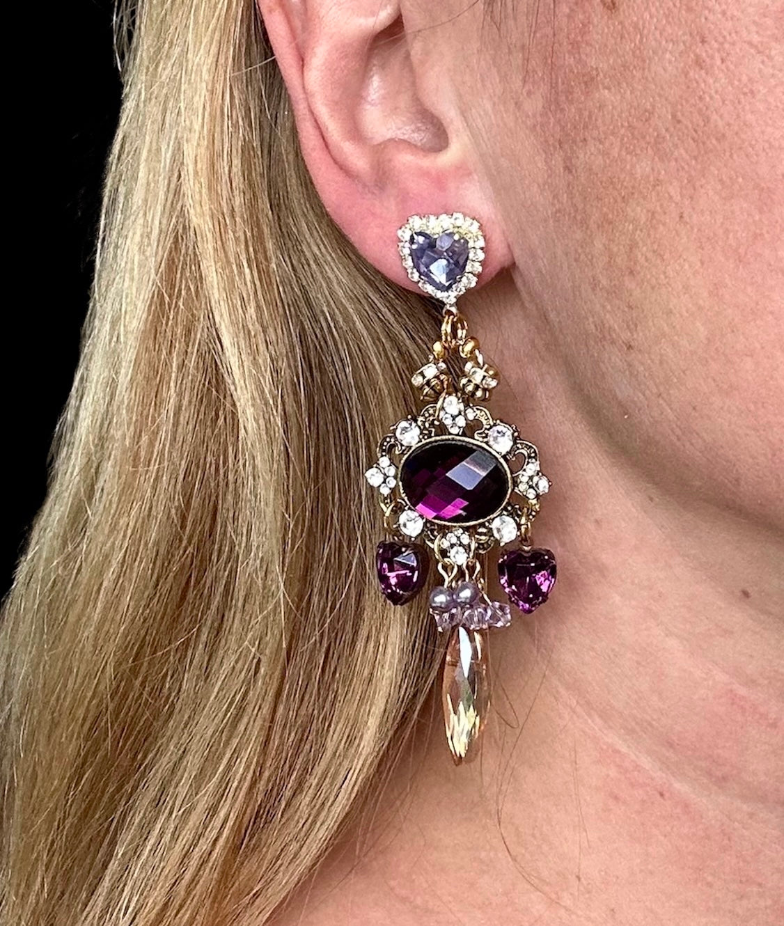 Victoria Earrings - Romantic Victorian Style Dangle Earrings Featuring Luxurious Purple and Lavender Rhinestones with Gold Accents