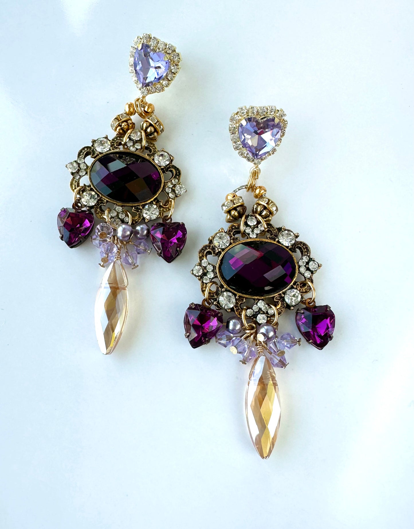 Victoria Earrings - Romantic Victorian Style Dangle Earrings Featuring Luxurious Purple and Lavender Rhinestones with Gold Accents