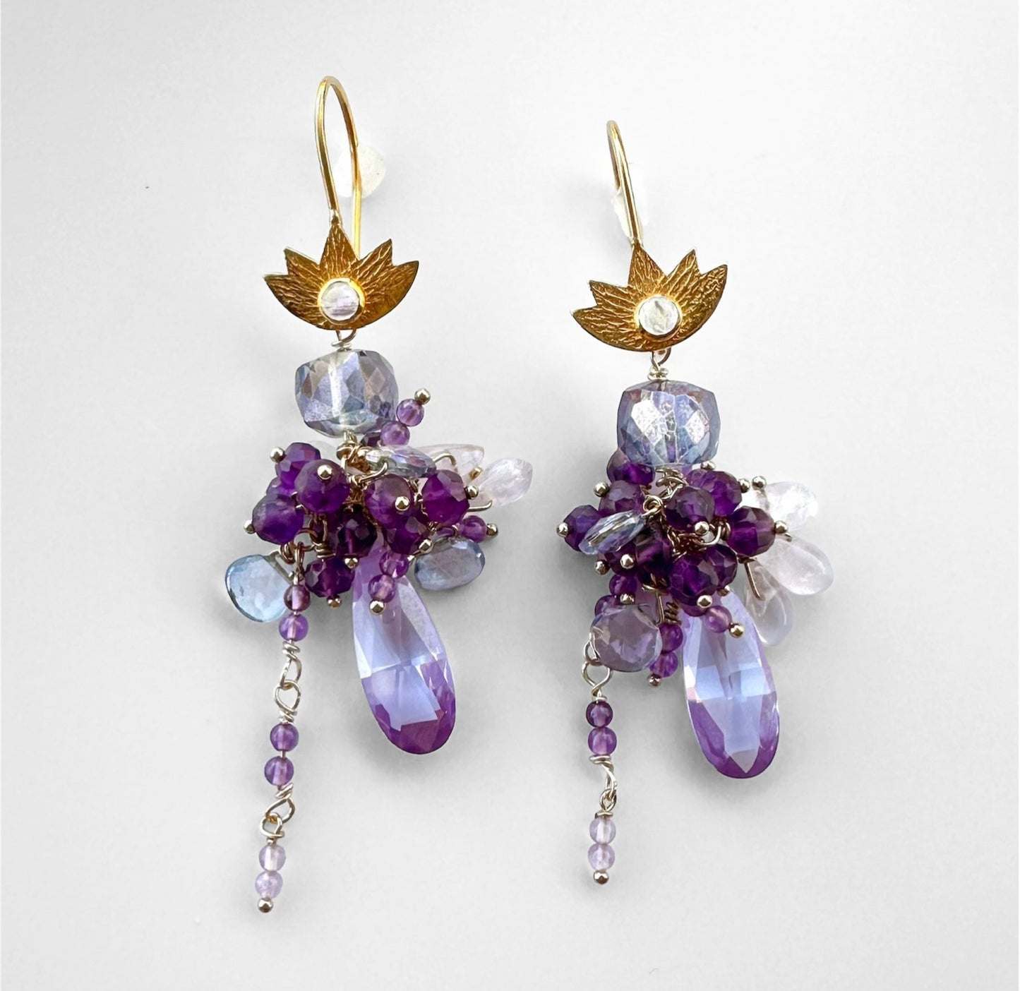 Lotus Romance Gemstone Cluster Earrings Wire Wrapped Gold Fill with Amethyst, Quartz, Topaz, Cubic Zirconia, Thoughtful Gifts for Women