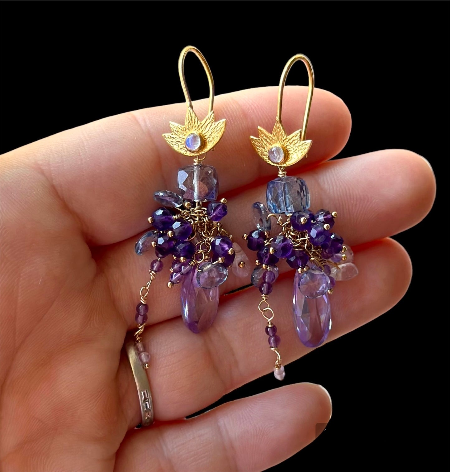 Lotus Romance Gemstone Cluster Earrings Wire Wrapped Gold Fill with Amethyst, Quartz, Topaz, Cubic Zirconia, Thoughtful Gifts for Women