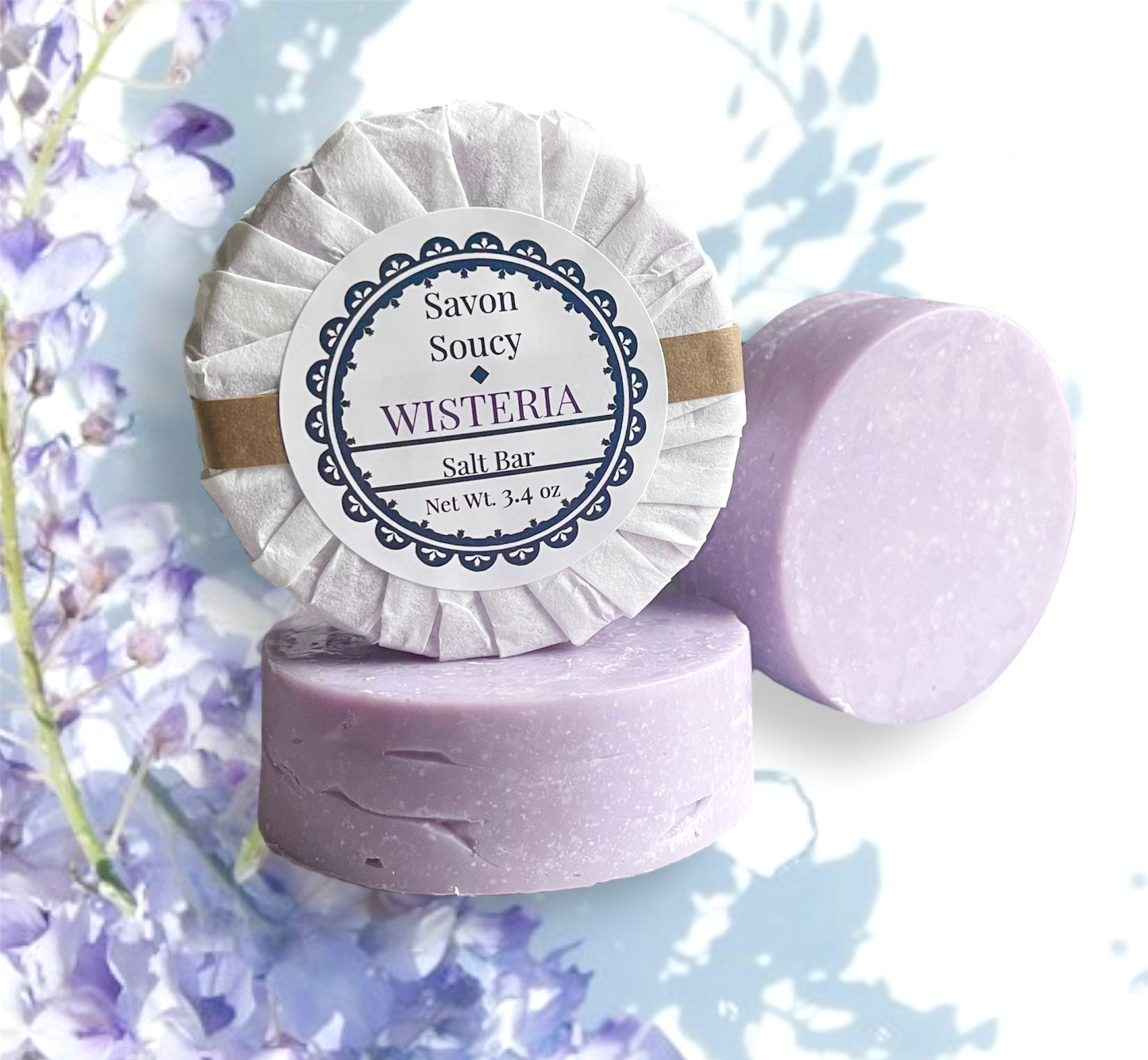 Wisteria Artisanal Scented Shower Bar with Himalayan Pink Salt, Cold Process Round Soap for Daily Bathtime Cleansing, Cute French Style